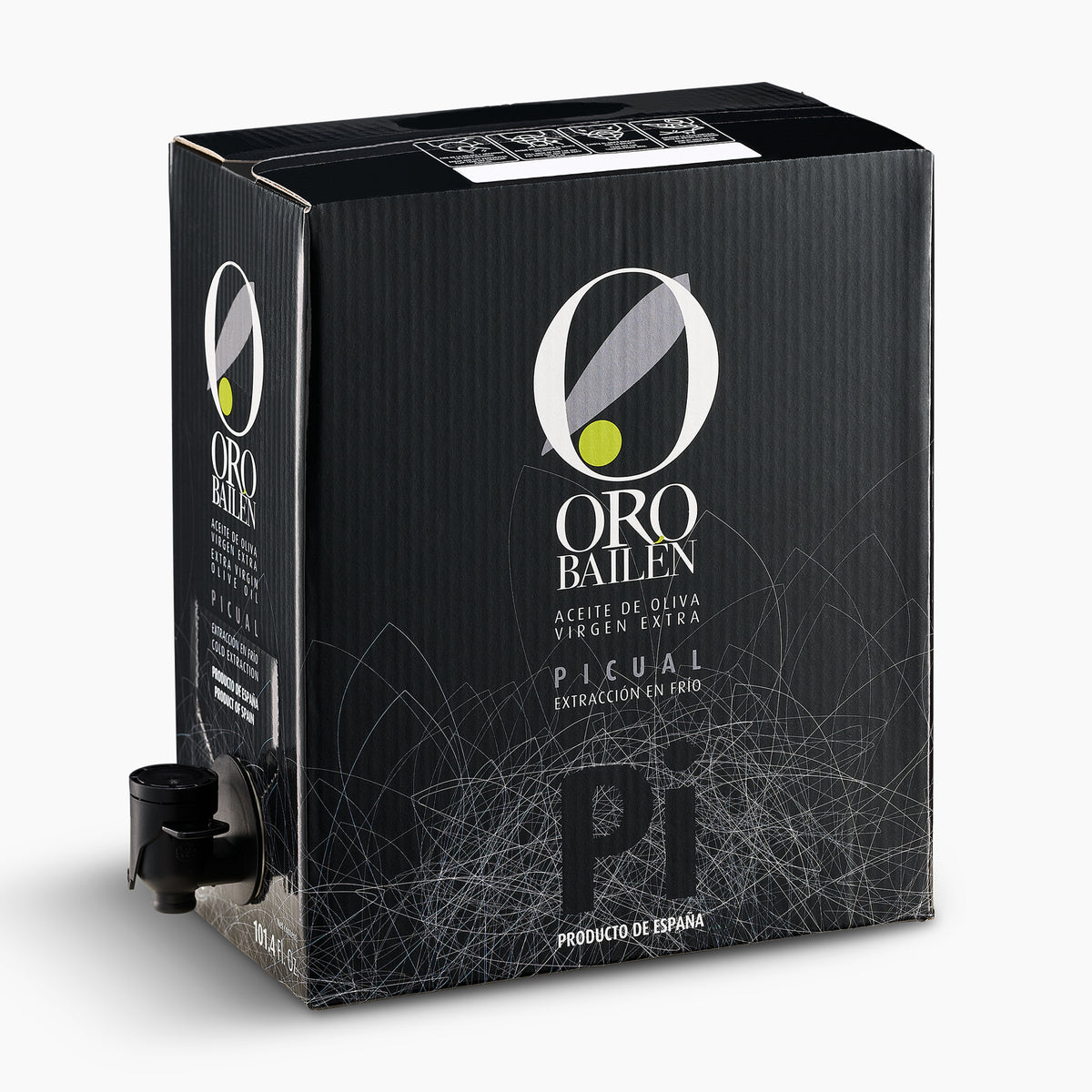 Oro Bailen Reserva Familiar Picual 3L bag-in-box with the spout extended.