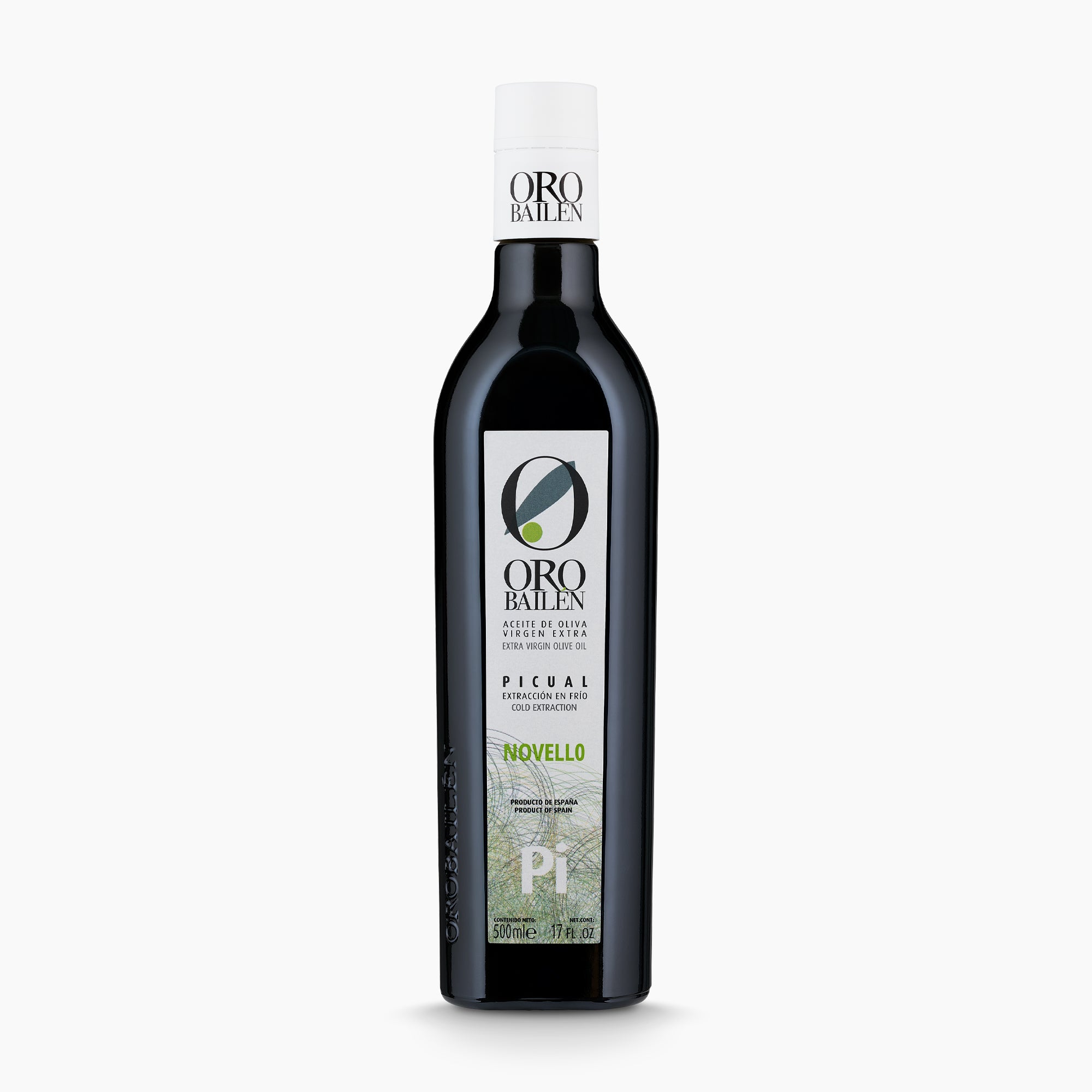 500 ml bottle of Oro Bailen Picual Novello extra virgin olive oil, from Andalusia, Spain.