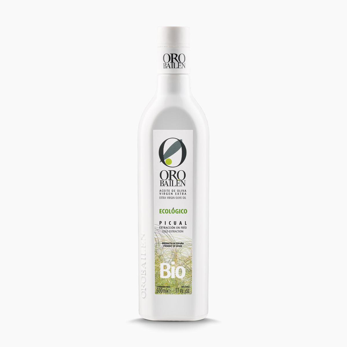 500 ml bottle of Oro Bailen Picual Organic extra virgin olive oil from Andalusia, Spain.