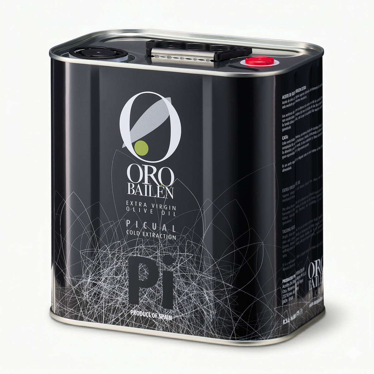Angled view of Oro Bailen Reserva Familiar Picual 2.5L Tin.