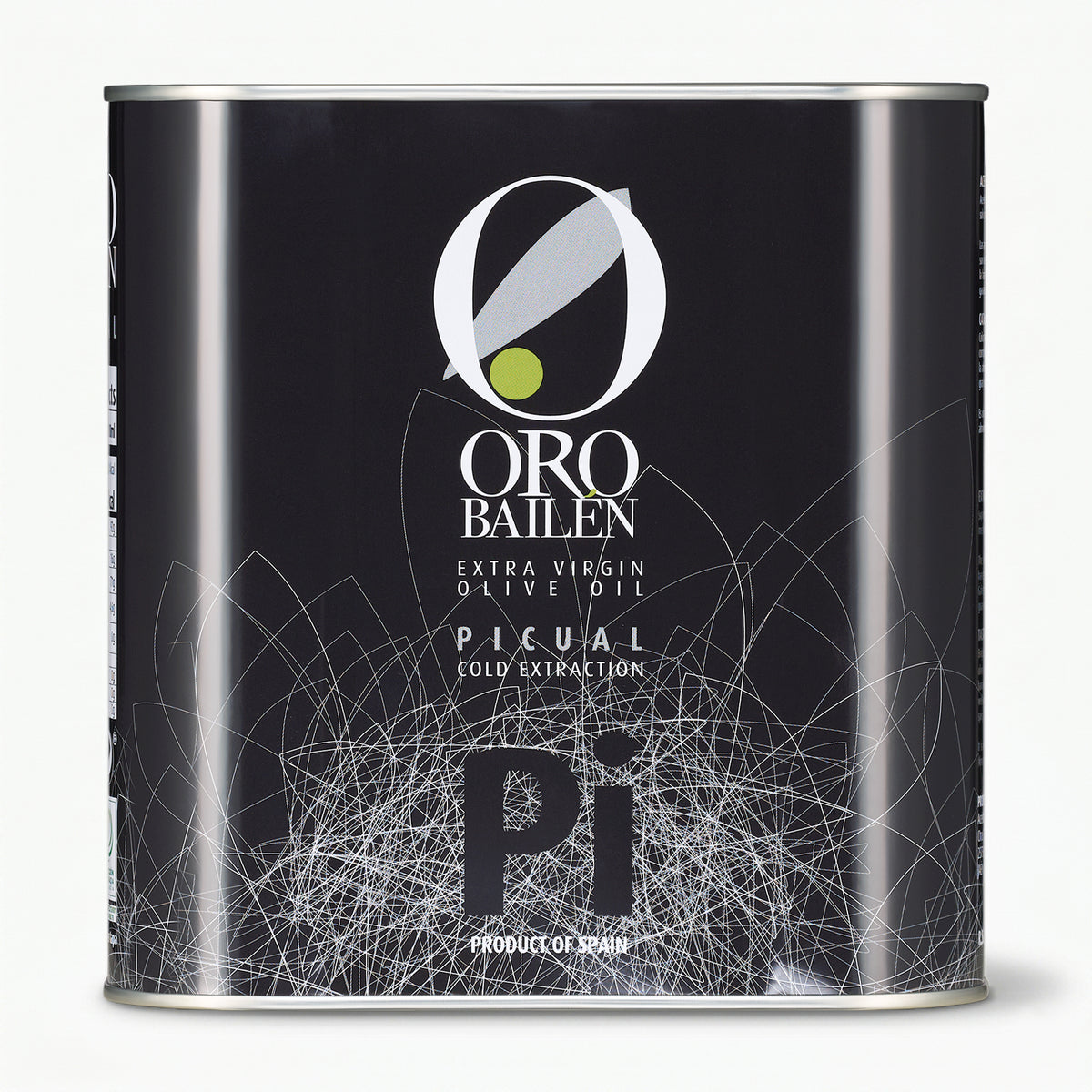 A 2.5L Tin of Oro Bailen Reserva Familiar Picual extra virgin olive oil.
