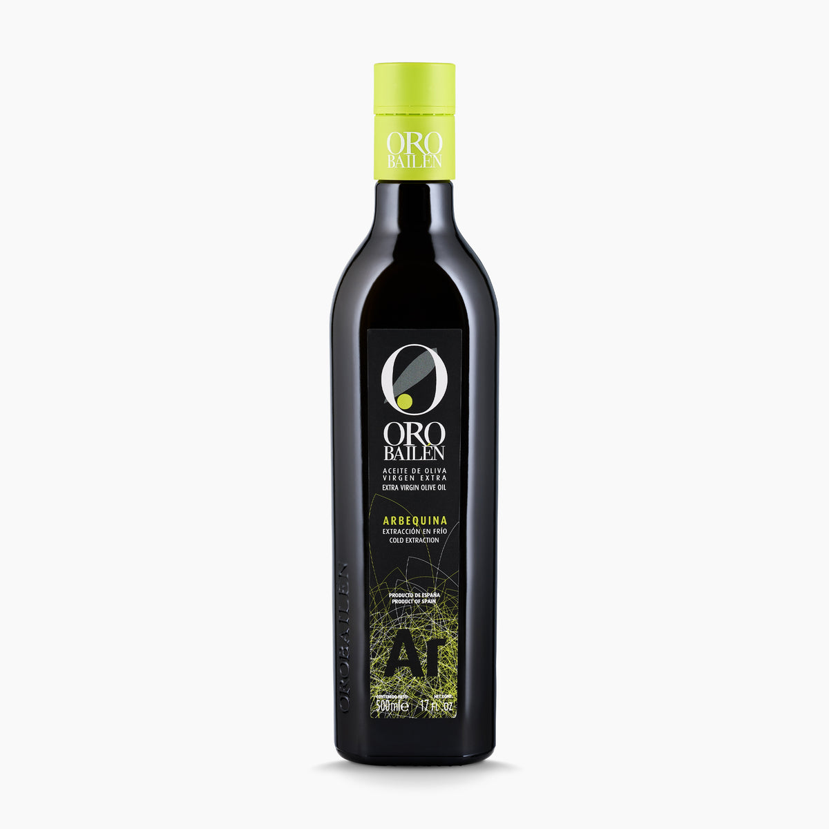 A 500 ml Oro Bailen Reserva Familiar Arbequina extra virgin olive oil bottle from Andalusia, Spain.