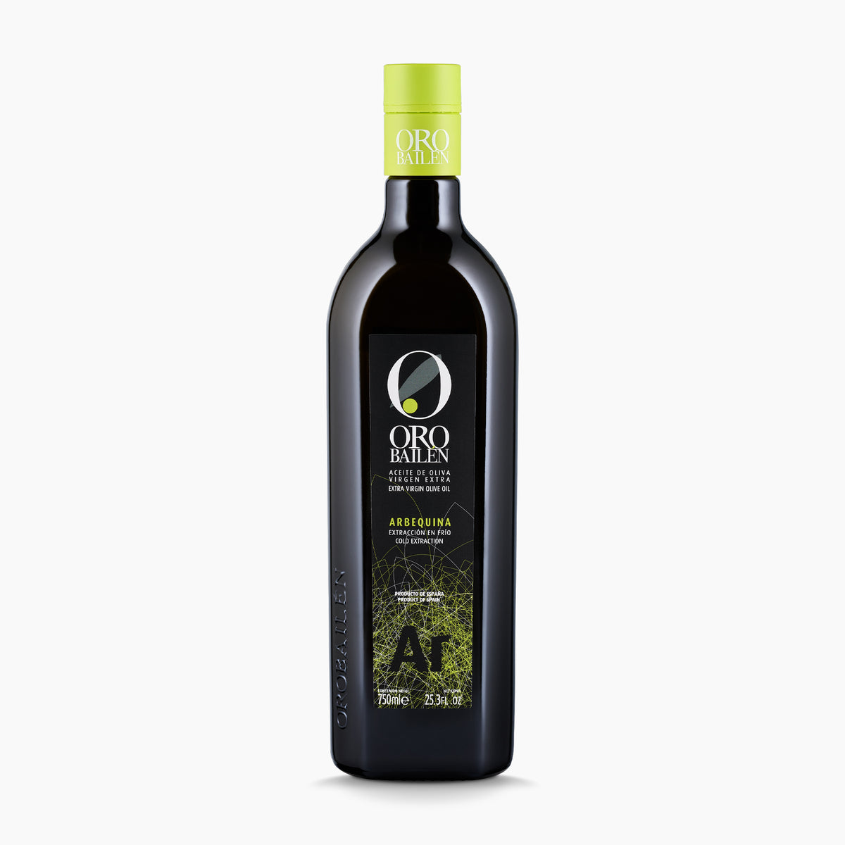 A 750ml bottle of Oro Bailen Reserva Familiar Arbequina extra virgin olive oil.
