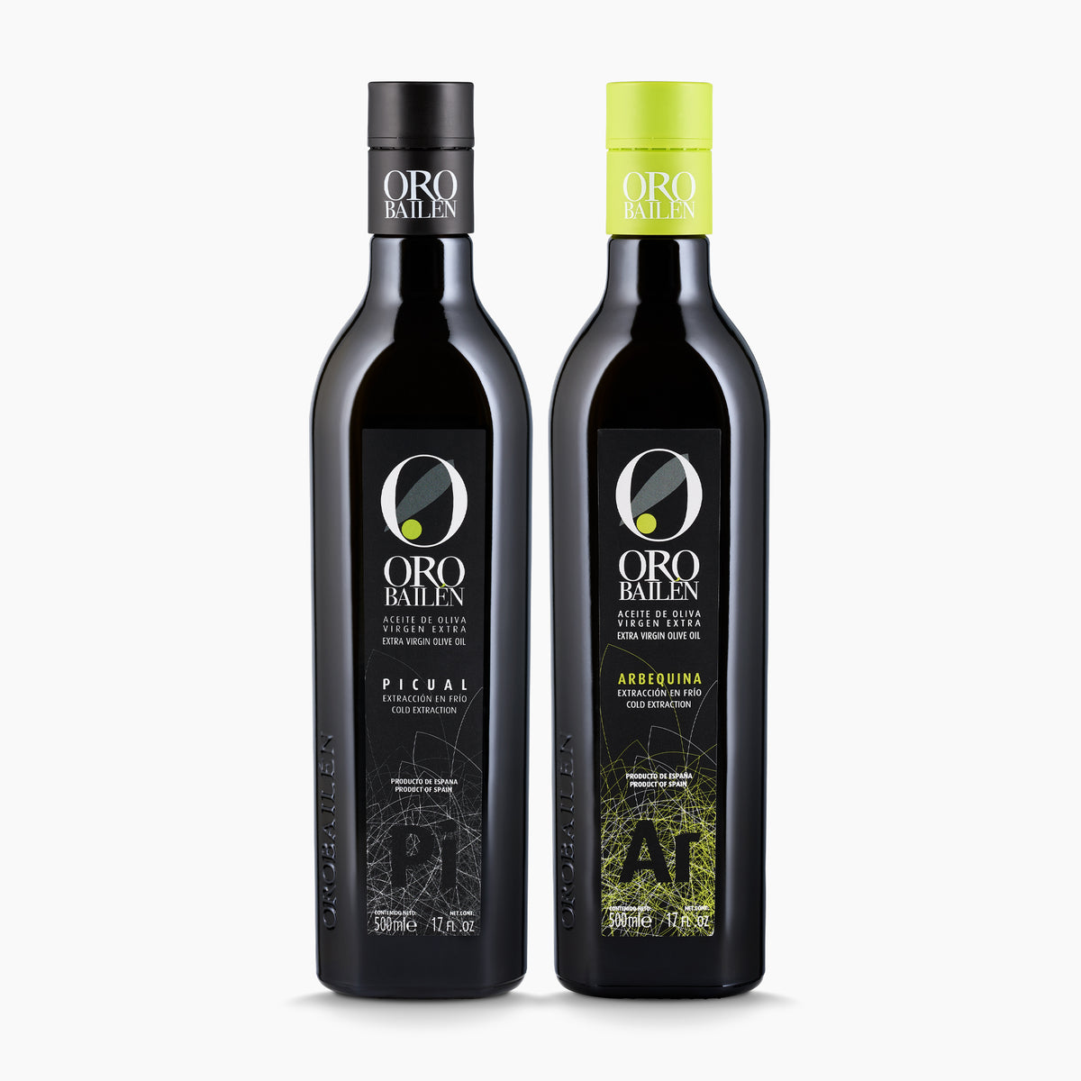 Two 500 ml bottles of Oro Bailen Reserva Familiar; Picual, and Arbequina.