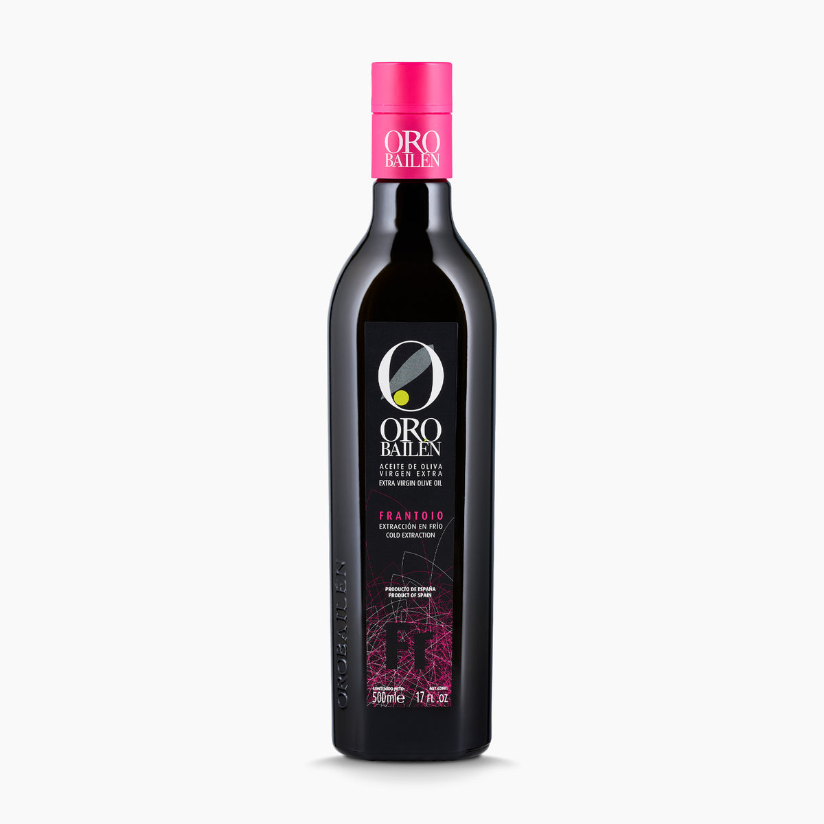 500 ml bottle of Oro Bailen Reserva Familiar Frantoio extra virgin olive oil from Andalusia, Spain.