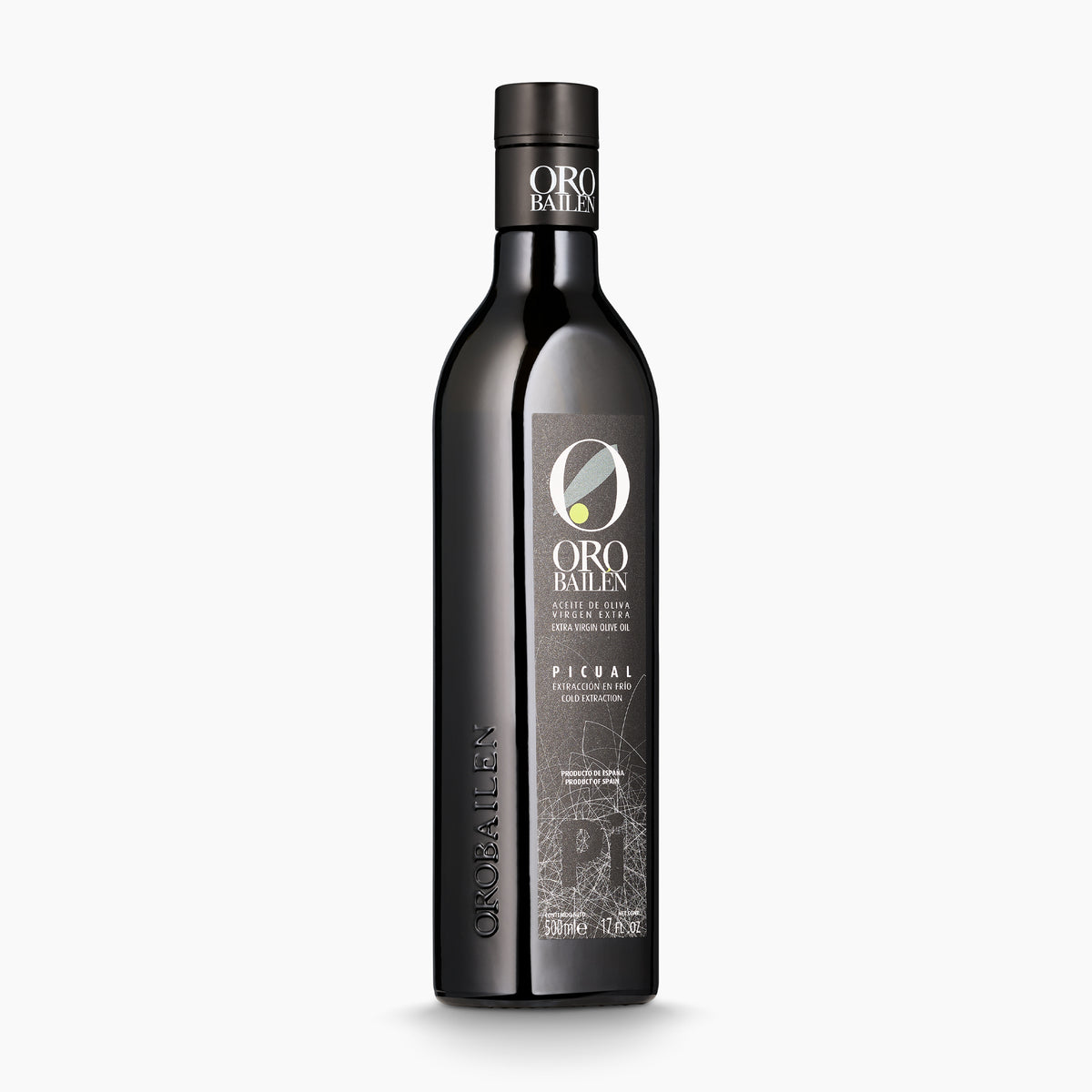Angled view of Oro Bailen Reserva Familiar Picual extra virgin olive oil, 500ml bottle.