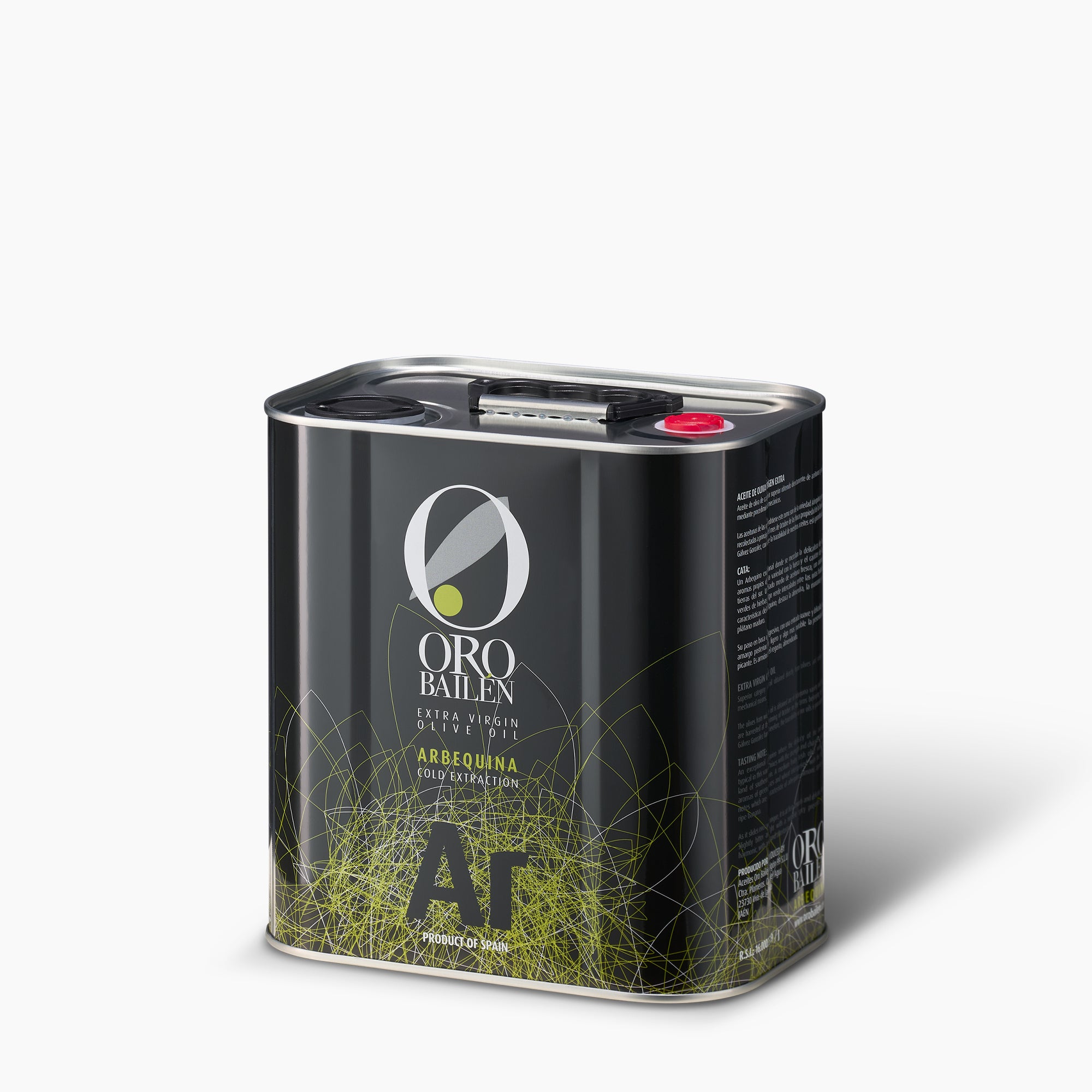 Angled view of Oro Bailen Reserva Familiar Arbequina 2.5L Tin extra virgin olive oil.