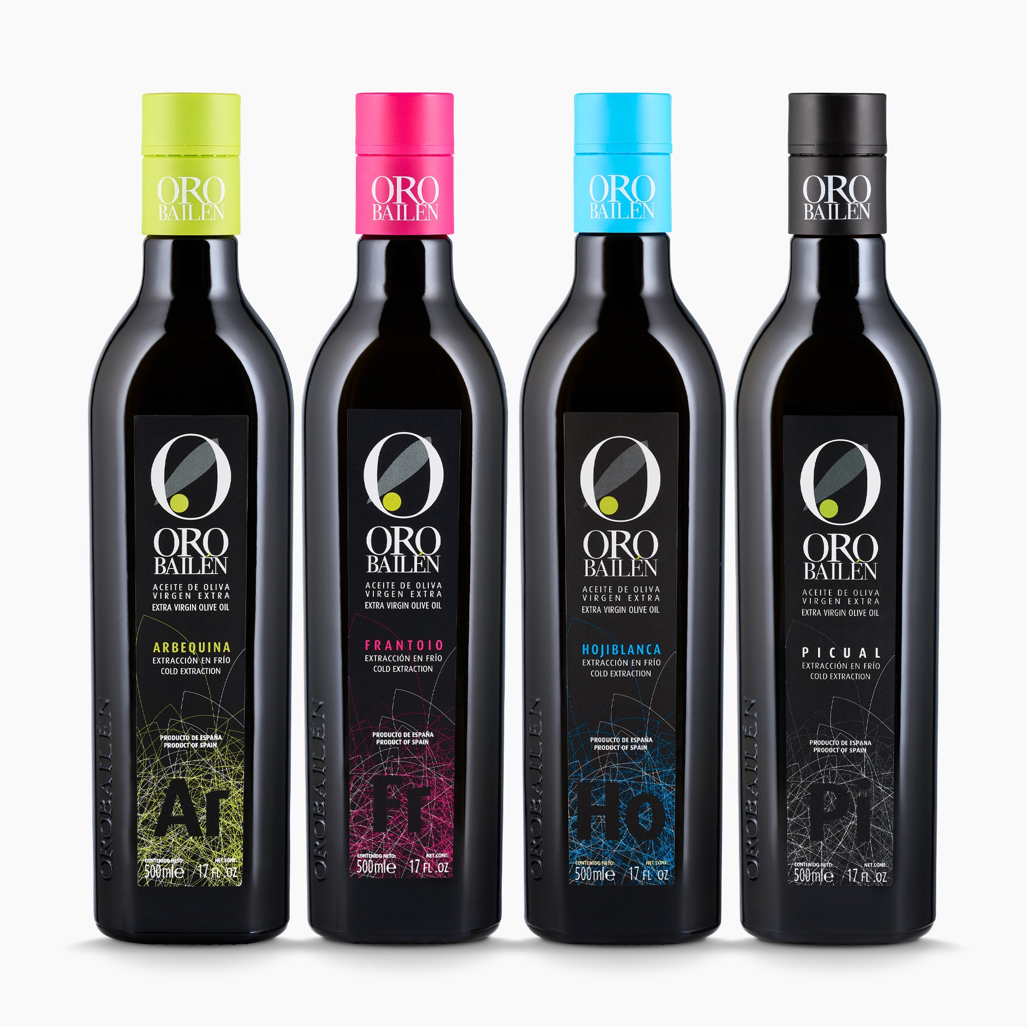 Four Oro Bailen Monocultivar olive oil bottles; Arbequina, Frantoio, Hojiblanca, and Picual.