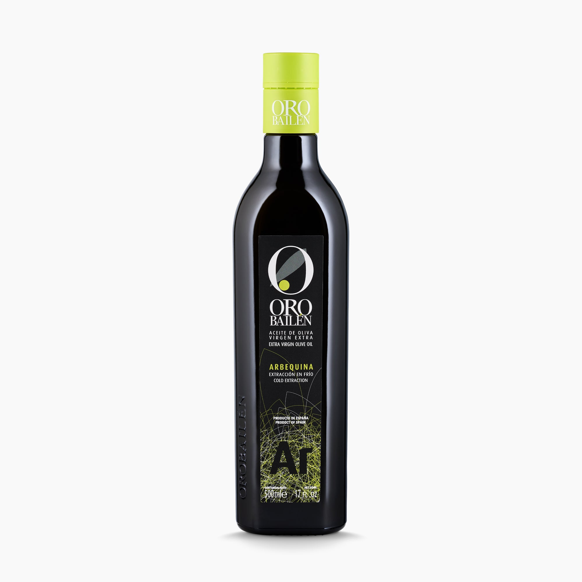A 500 ml Oro Bailen Reserva Familiar Arbequina extra virgin olive oil bottle from Andalusia, Spain.