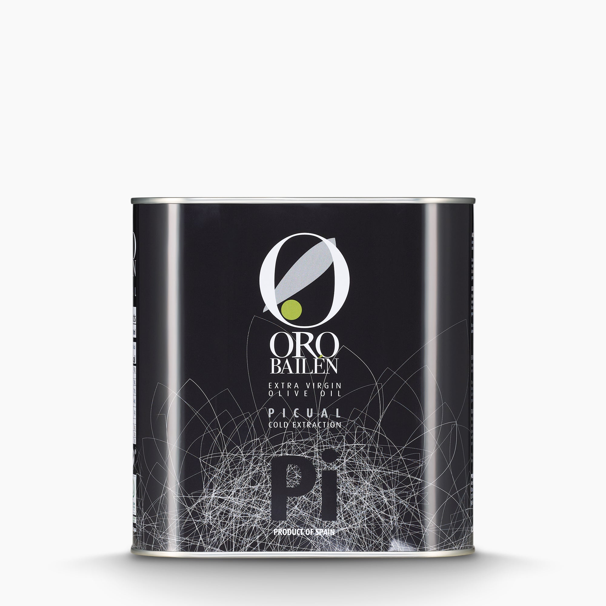A 2.5L Tin of Oro Bailen Reserva Familiar Picual extra virgin olive oil.