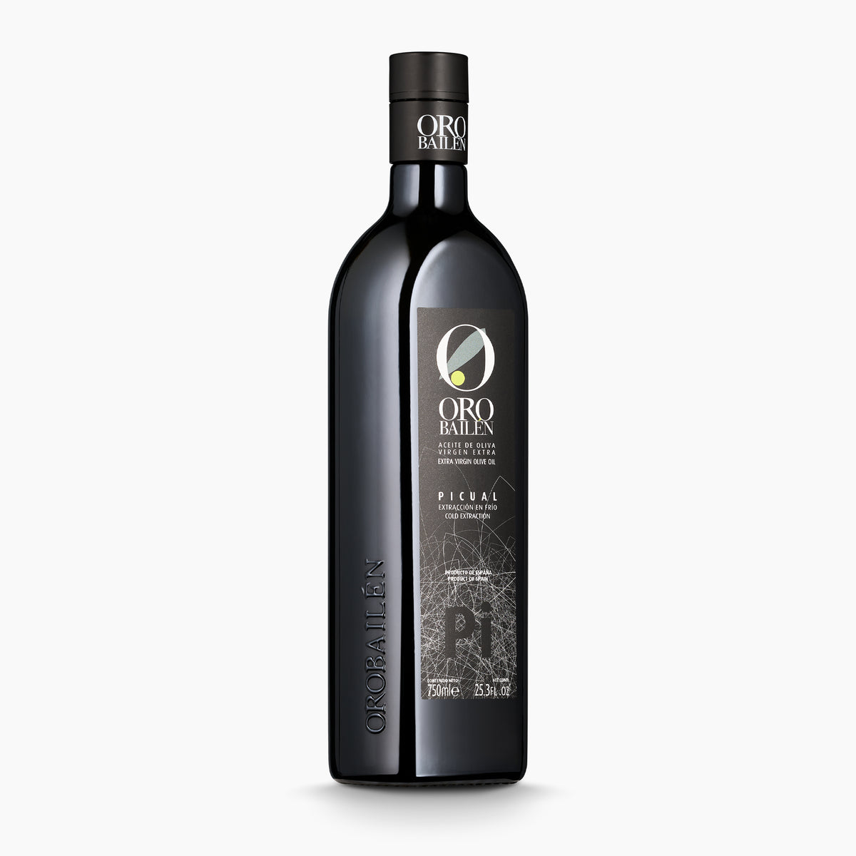 Angled view of a 750 ml bottle of Oro Bailen Reserva Familiar Picual extra virgin olive oil.