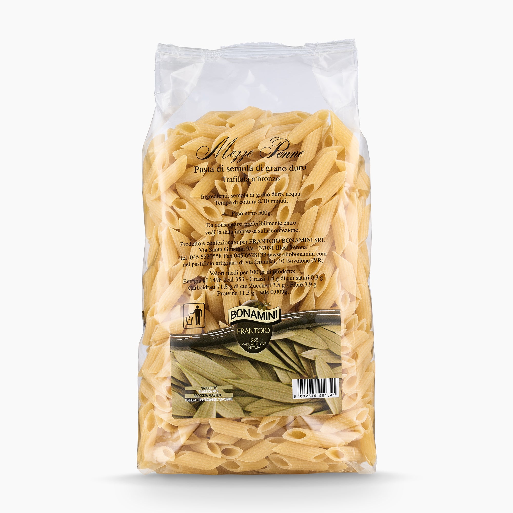 500gr bag of Frantoio Bonamini Mezze Penne from Italy.