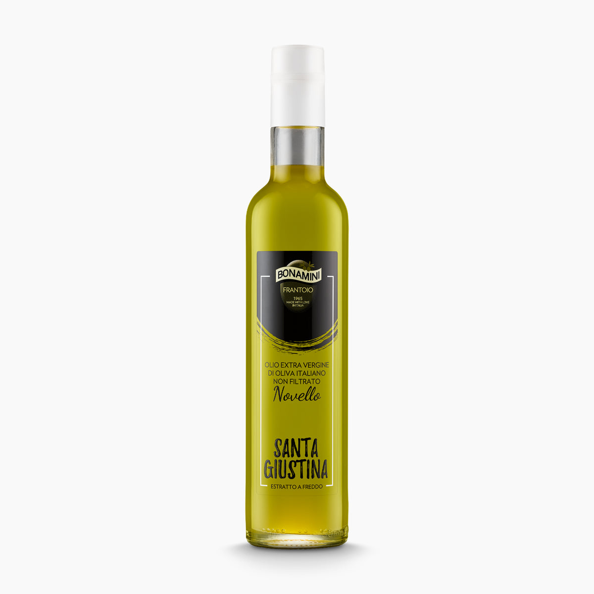Bonamini Santa Giustina Novello 500 ml extra virgin olive oil bottle from Veneto, Italy.
