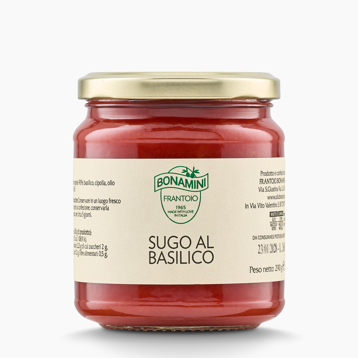 Frantoio Bonamini Tomato Sauce with Basil in a 280g jar.