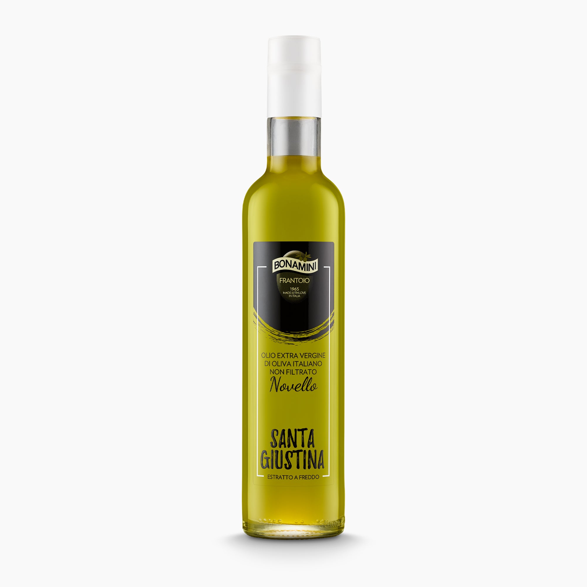 Bonamini Santa Giustina Novello 500 ml extra virgin olive oil bottle from Veneto, Italy.