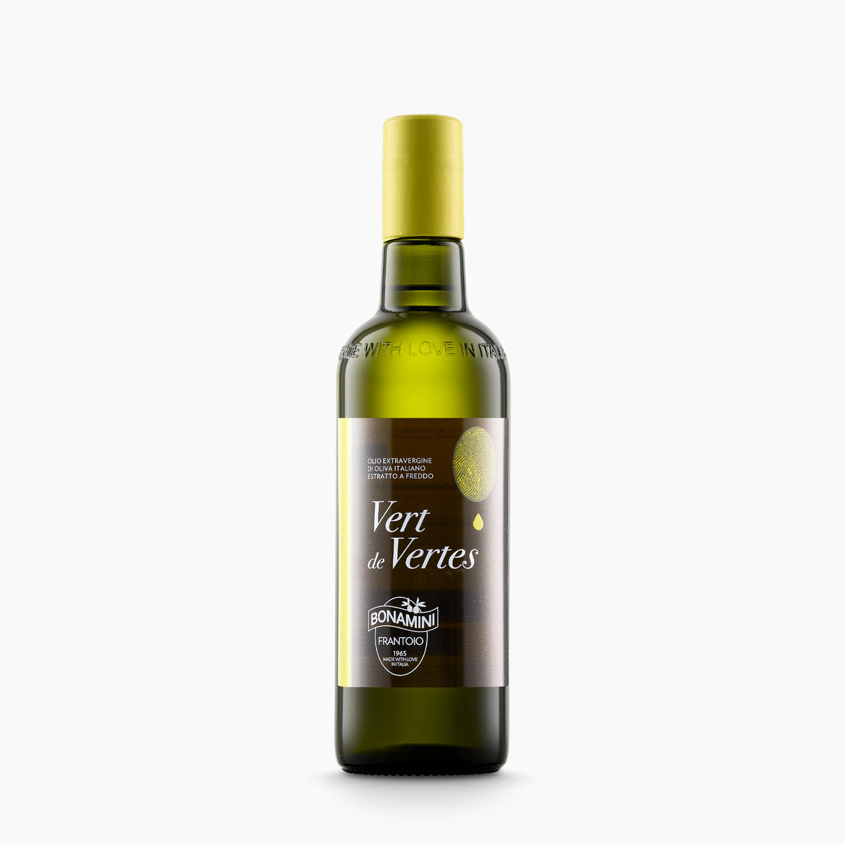 500 ml bottle of Frantoio Bonamini Vert de Vertes extra virgin olive oil from Veneto, Italy.