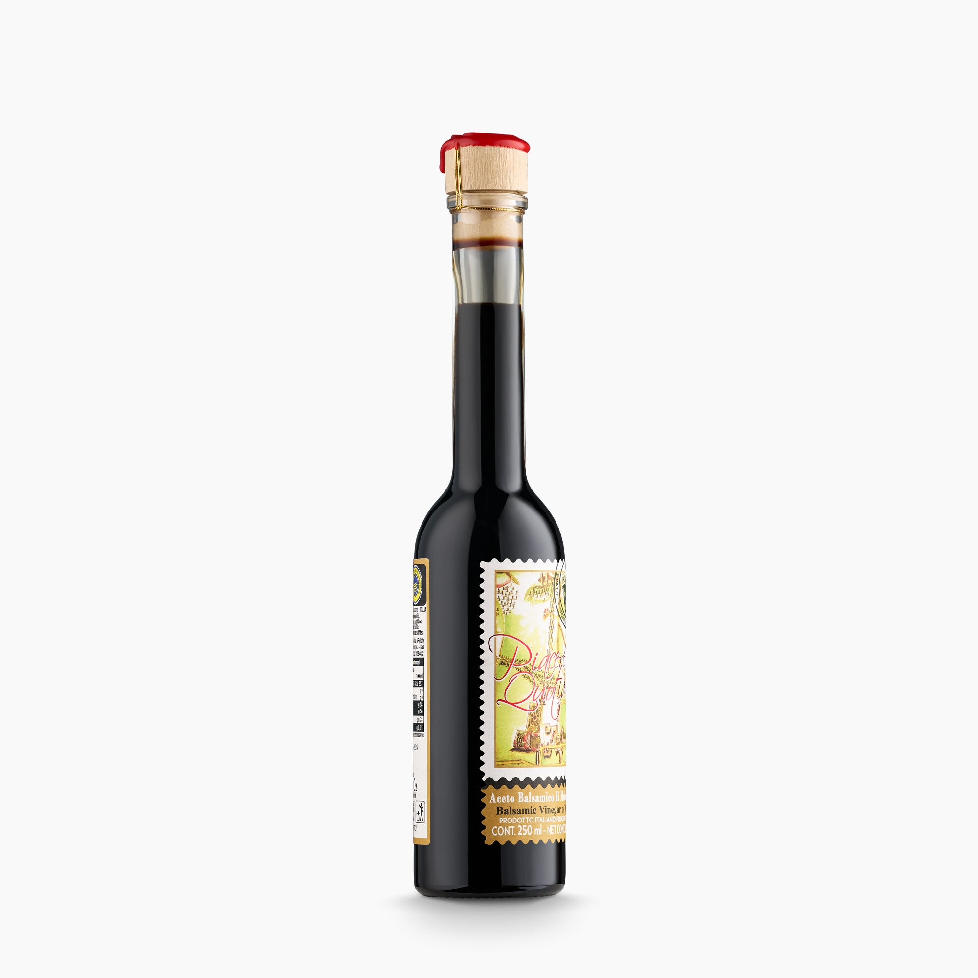Angled view of Frantoio Bonamini IGP Balsamic Vinegar of Modena Gold Label bottle.