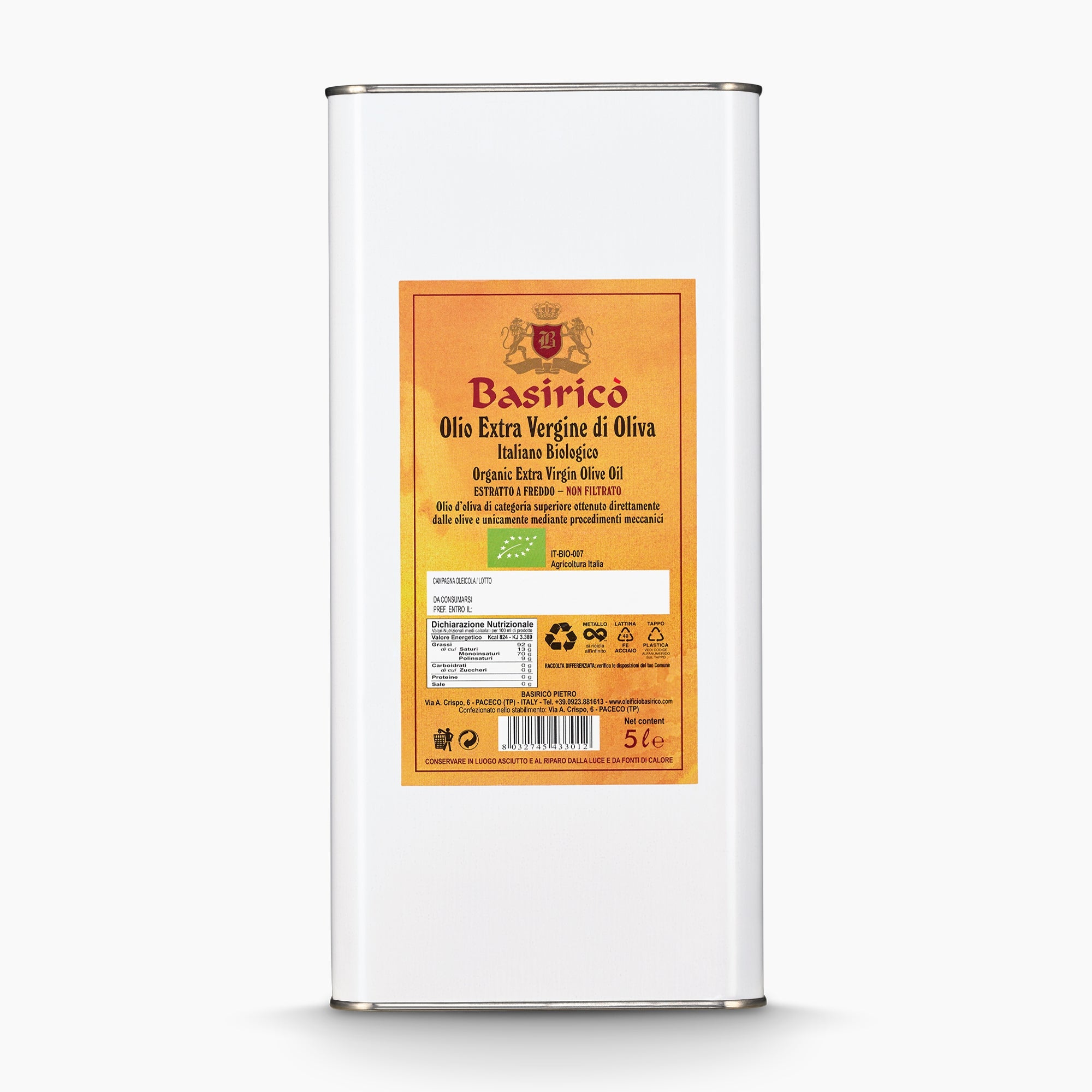 A 5L Tin of Basirico Organic Unfiltered extra virgin olive oil from Sicily, Italy.