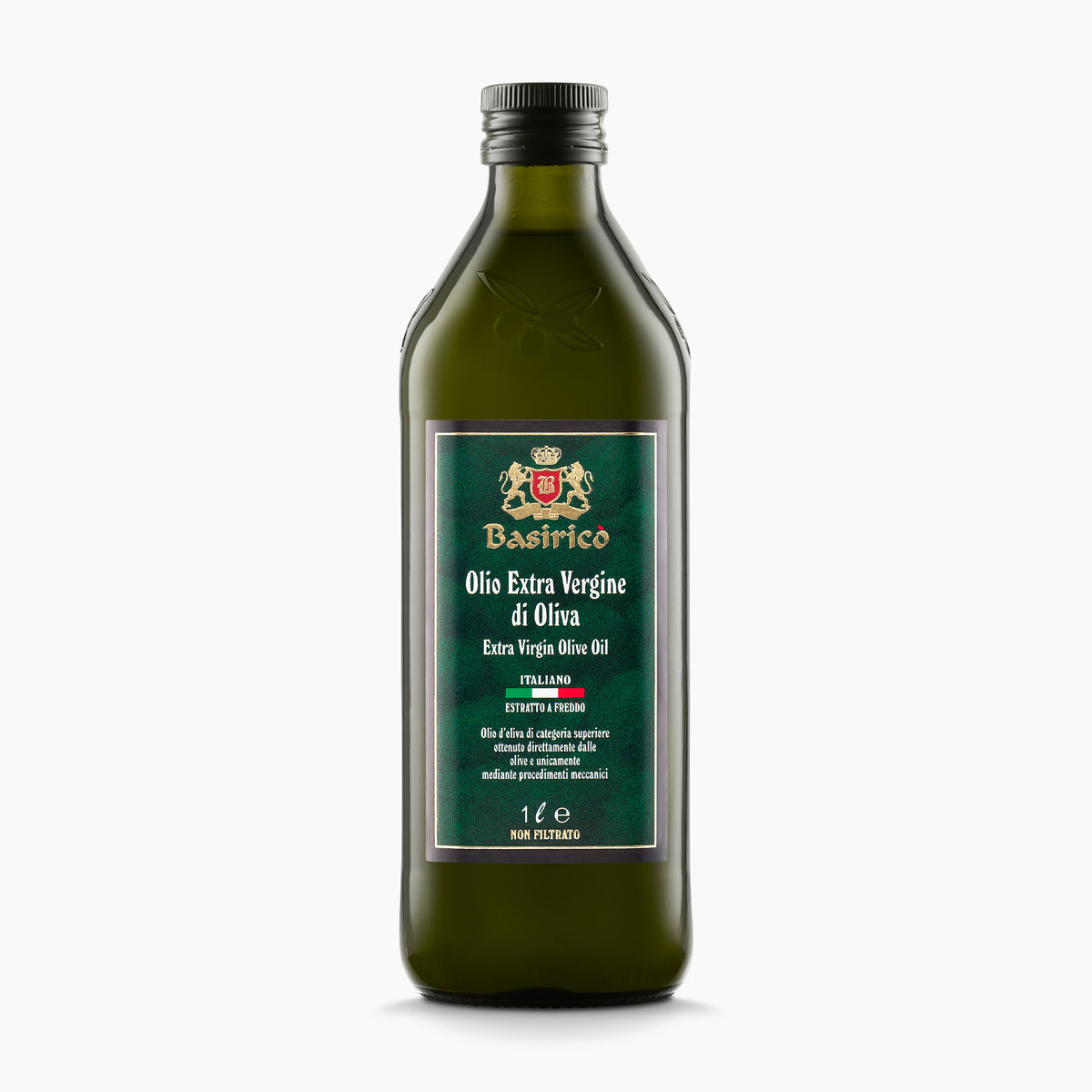 A 1L bottle of Basirico Unfiltered extra virgin olive oil from Sicily, Italy.