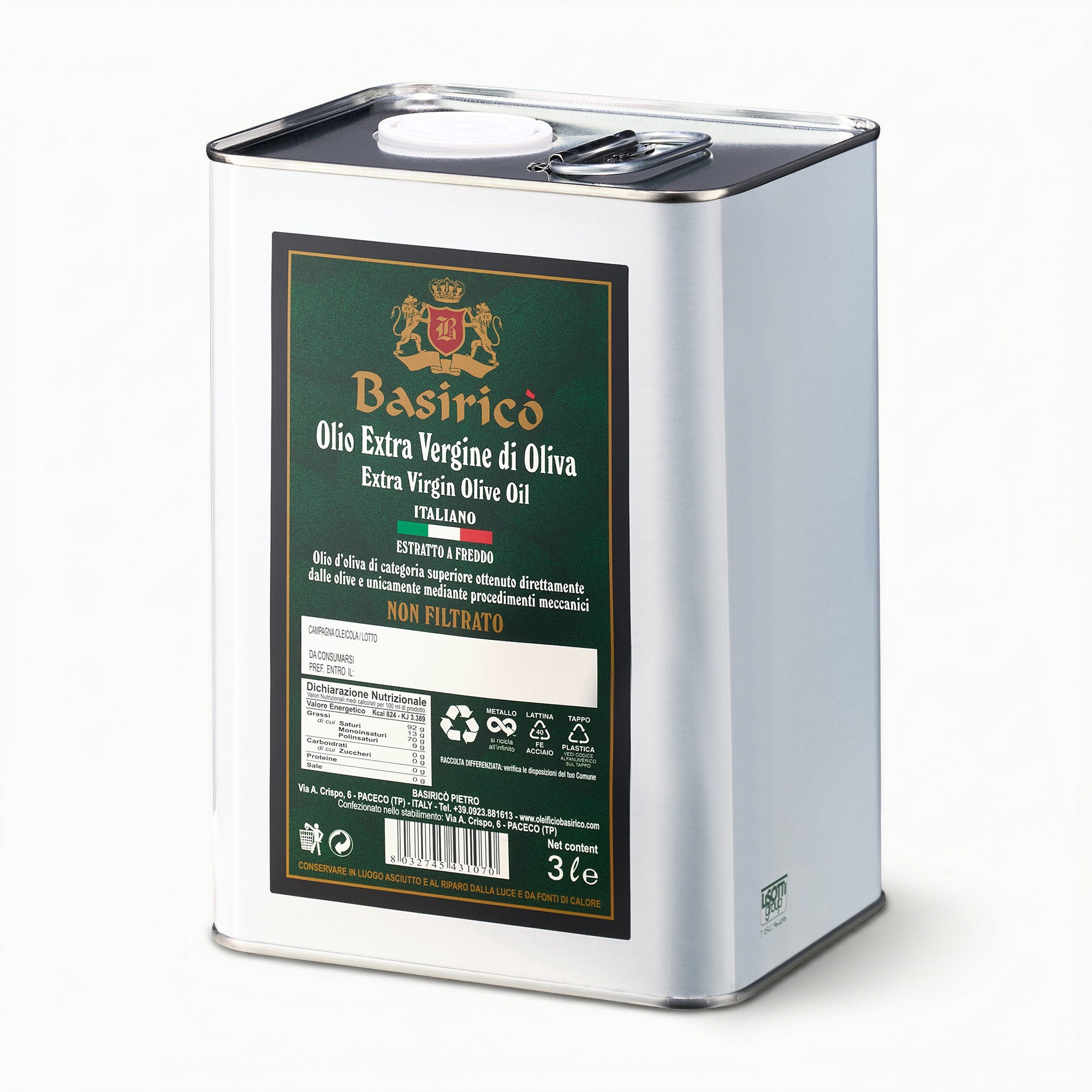 Angled view of Basirico Unfiltered 3L Tin extra virgin olive oil from Sicily, Italy.