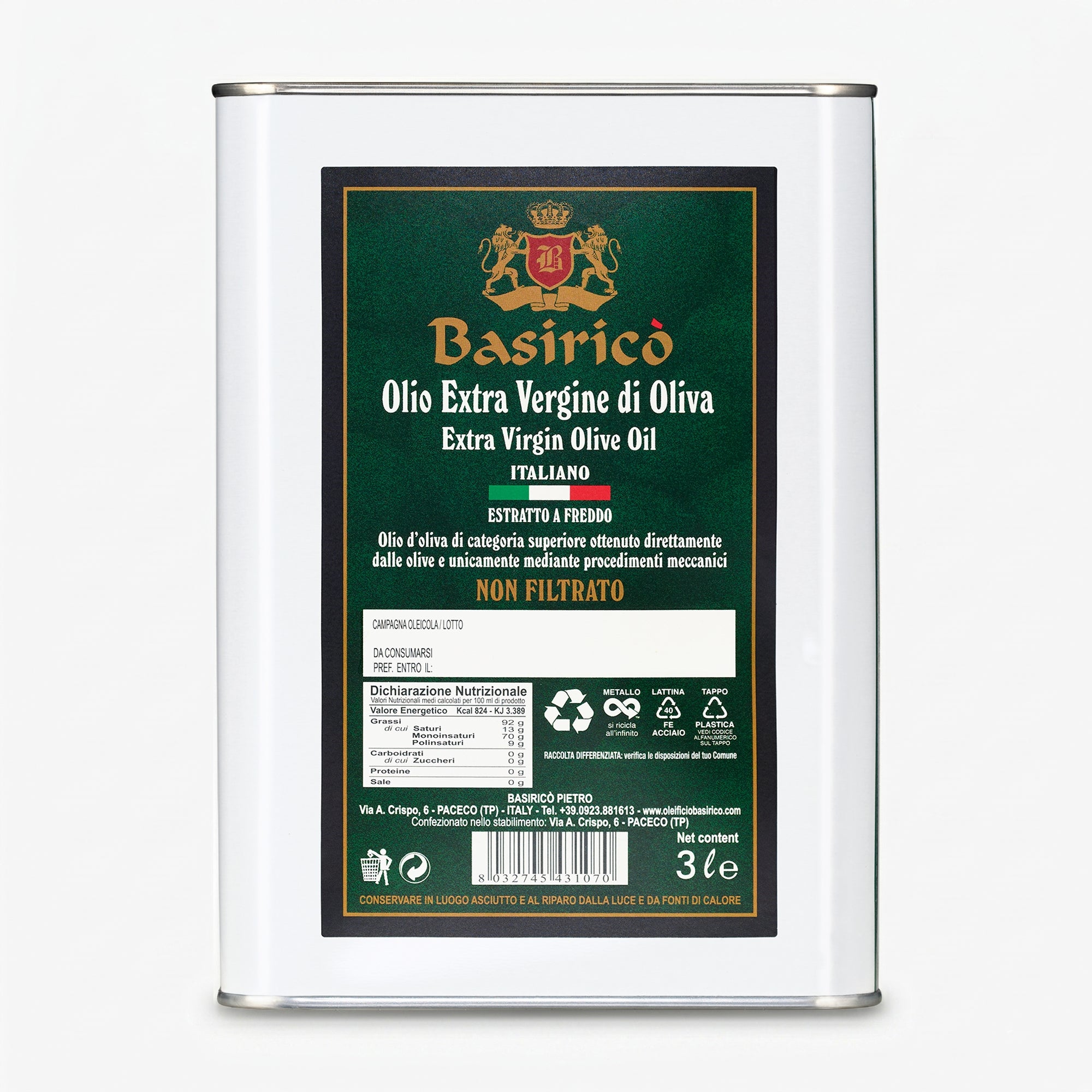 A 3L Tin of Basirico Unfiltered extra virgin olive oil from Sicily, Italy.