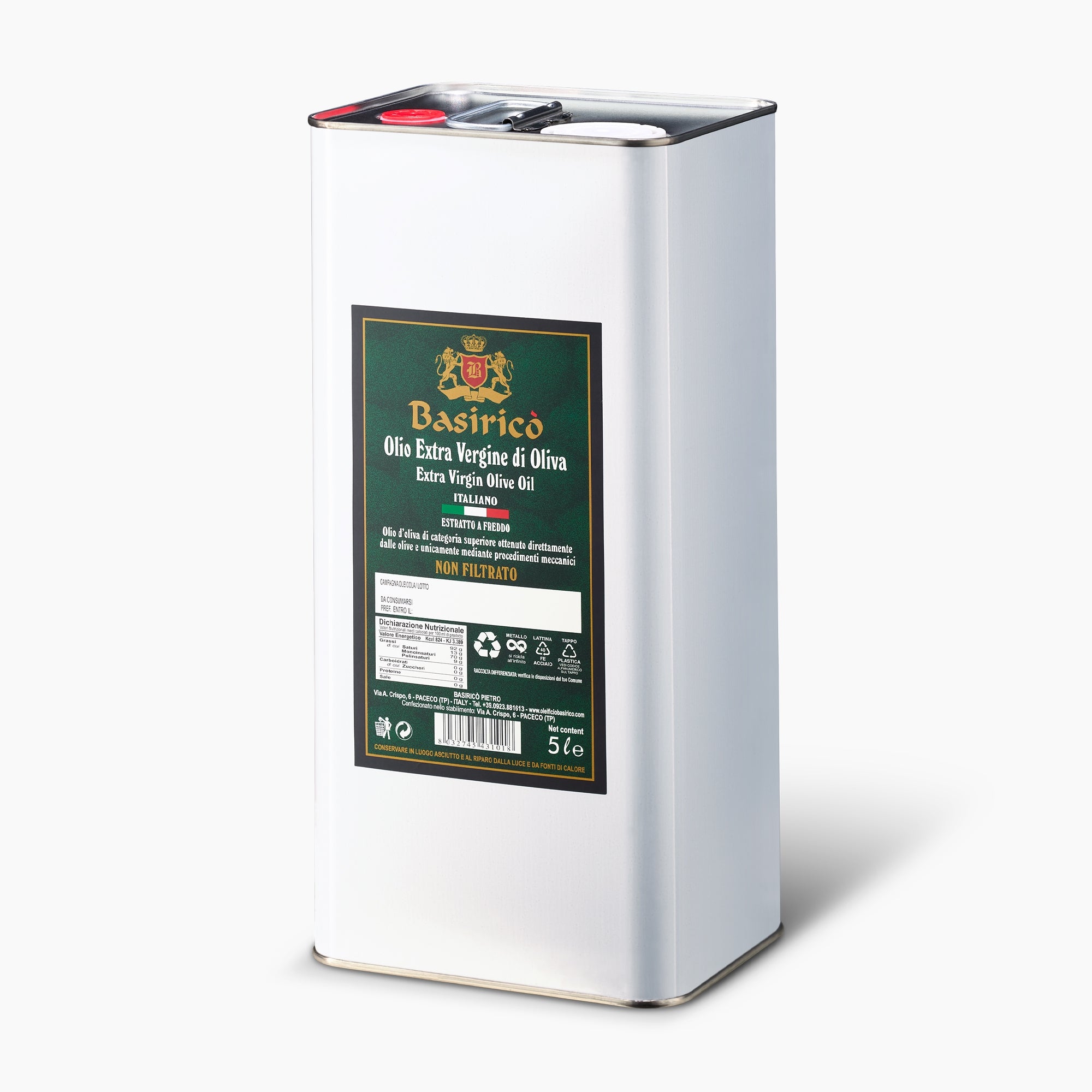 Angled view of Basirico Unfiltered 5L Tin extra virgin olive oil from Sicily, Italy.