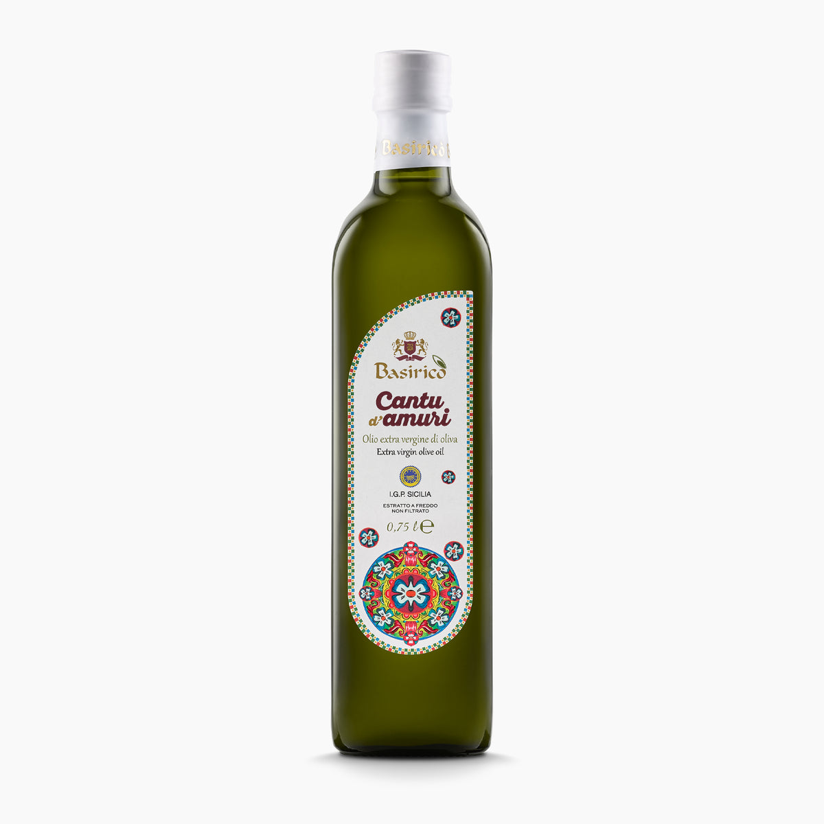 750 ml bottle of Basirico Cantu d'Amuri IGP Sicilia Unfiltered extra virgin olive oil.