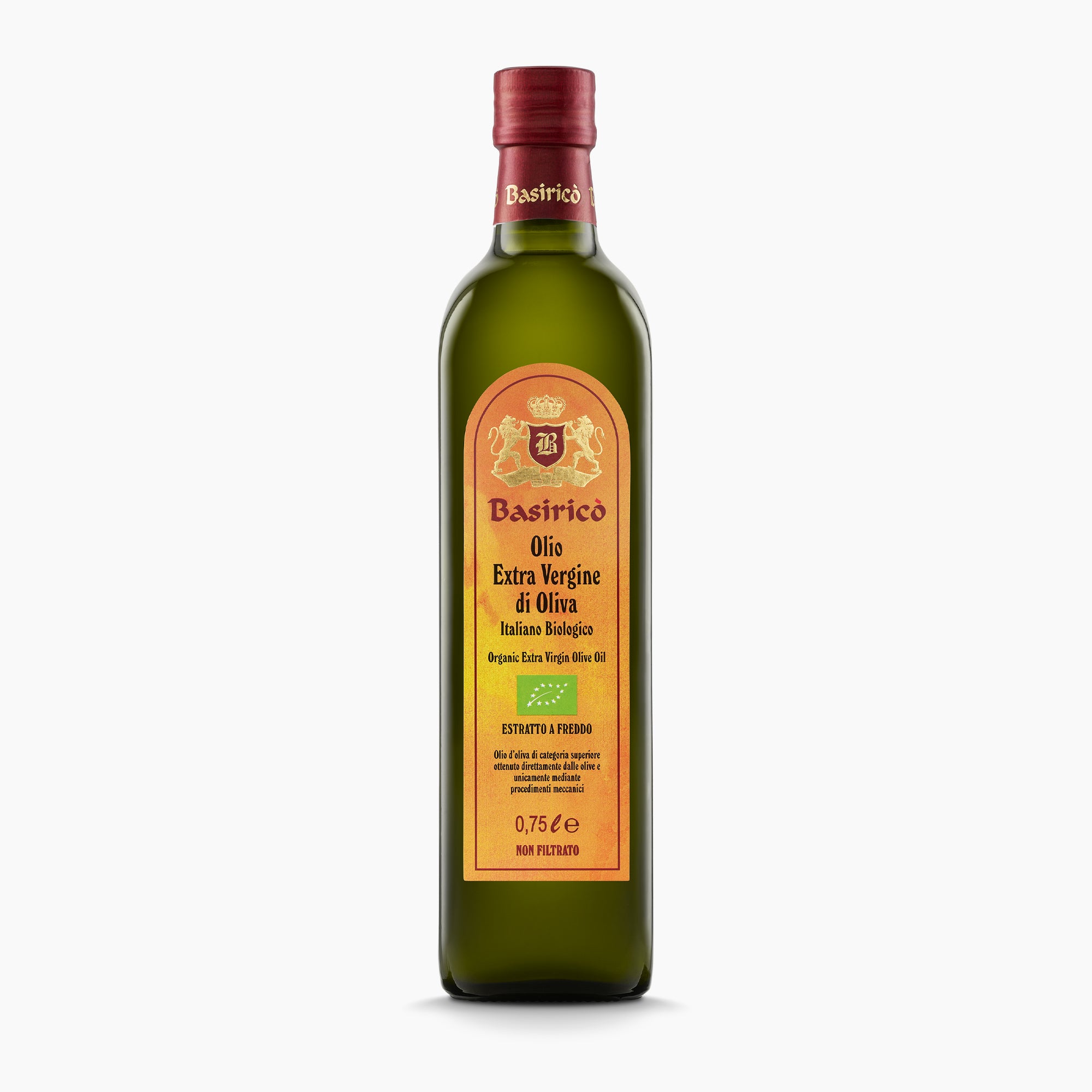 750ml bottle of Basiricò Organic Unfiltered extra virgin olive oil from Sicily, Italy.