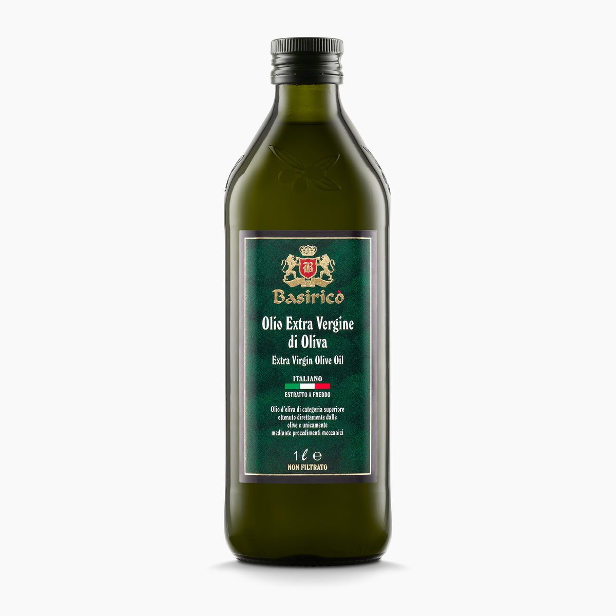 A 1L bottle of Basirico Unfiltered extra virgin olive oil from Sicily, Italy.