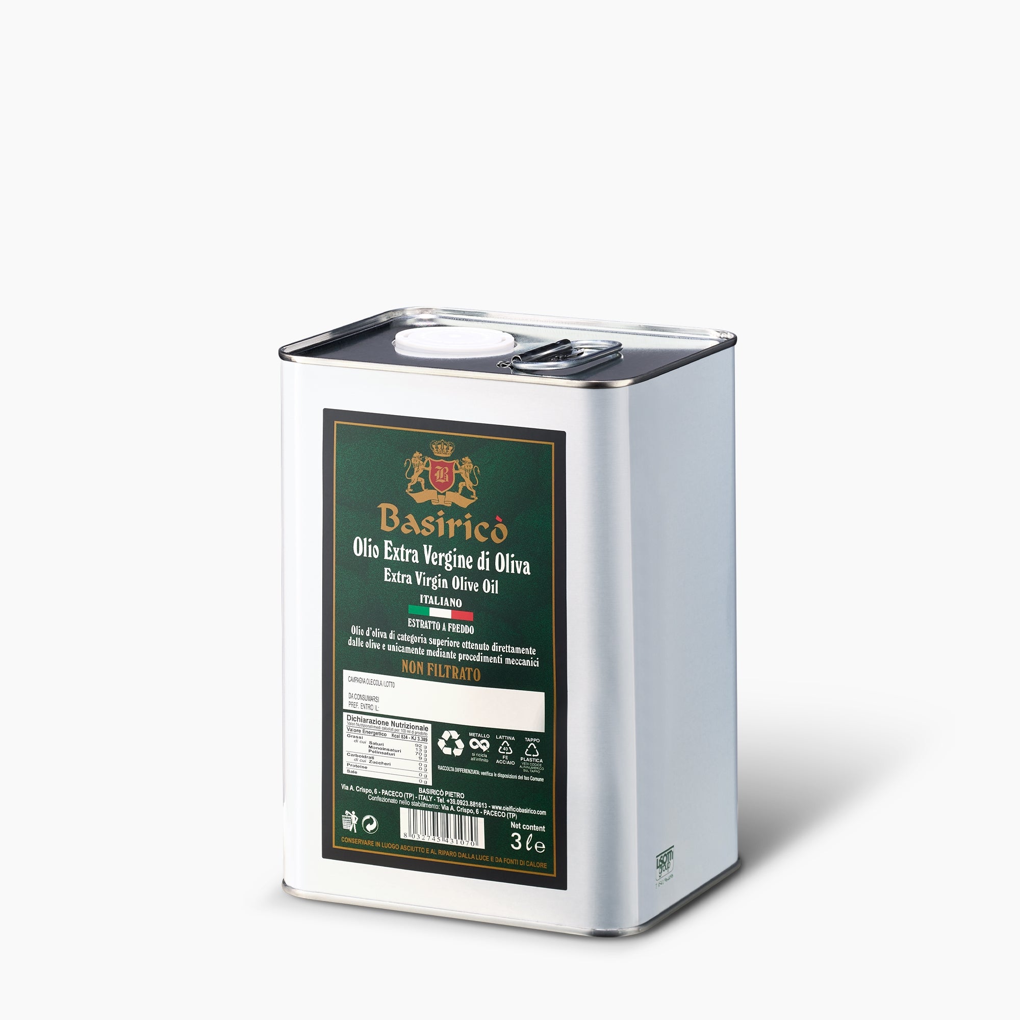 Angled view of Basirico Unfiltered 3L Tin extra virgin olive oil from Sicily, Italy.