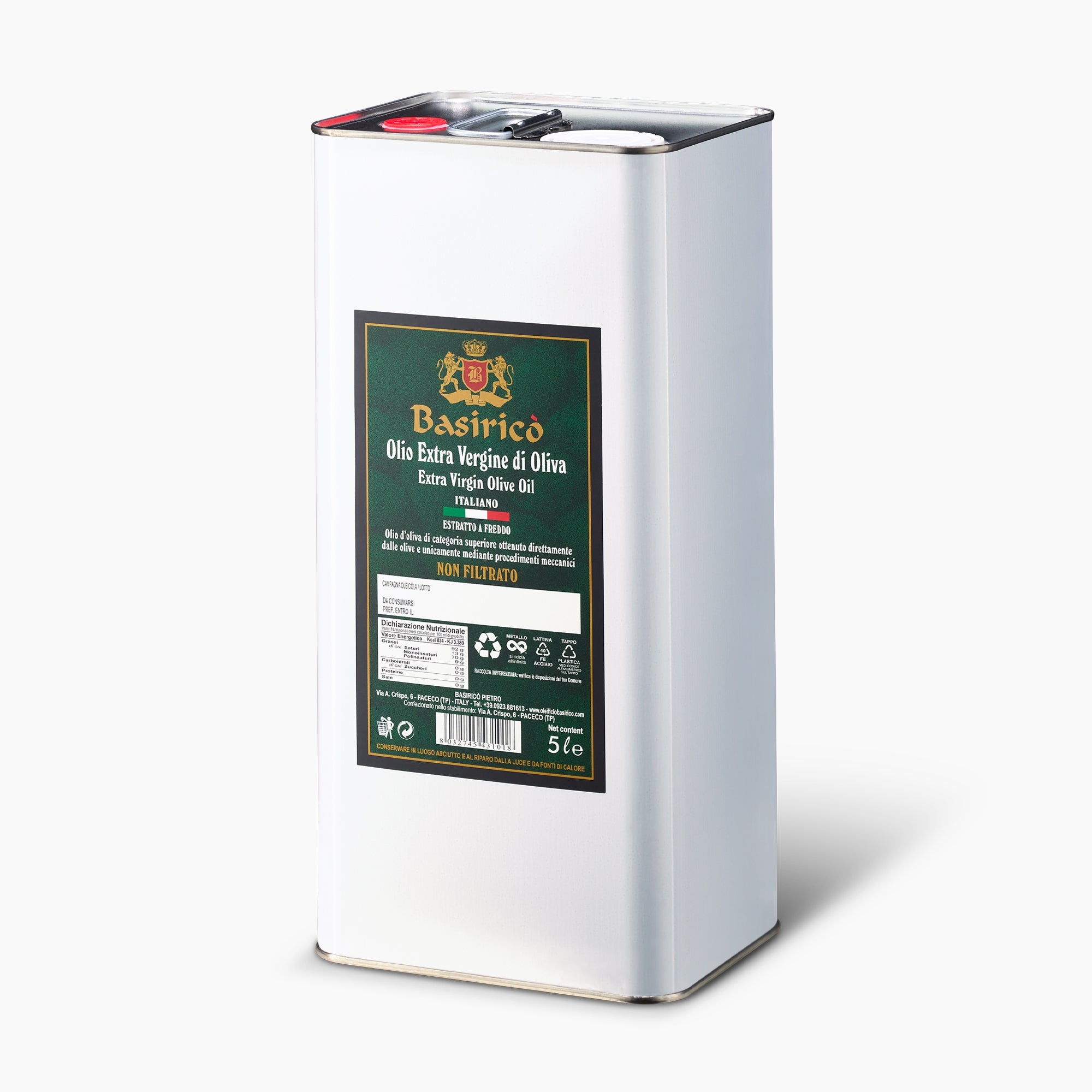 Angled view of Basirico Unfiltered 5L Tin extra virgin olive oil from Sicily, Italy.