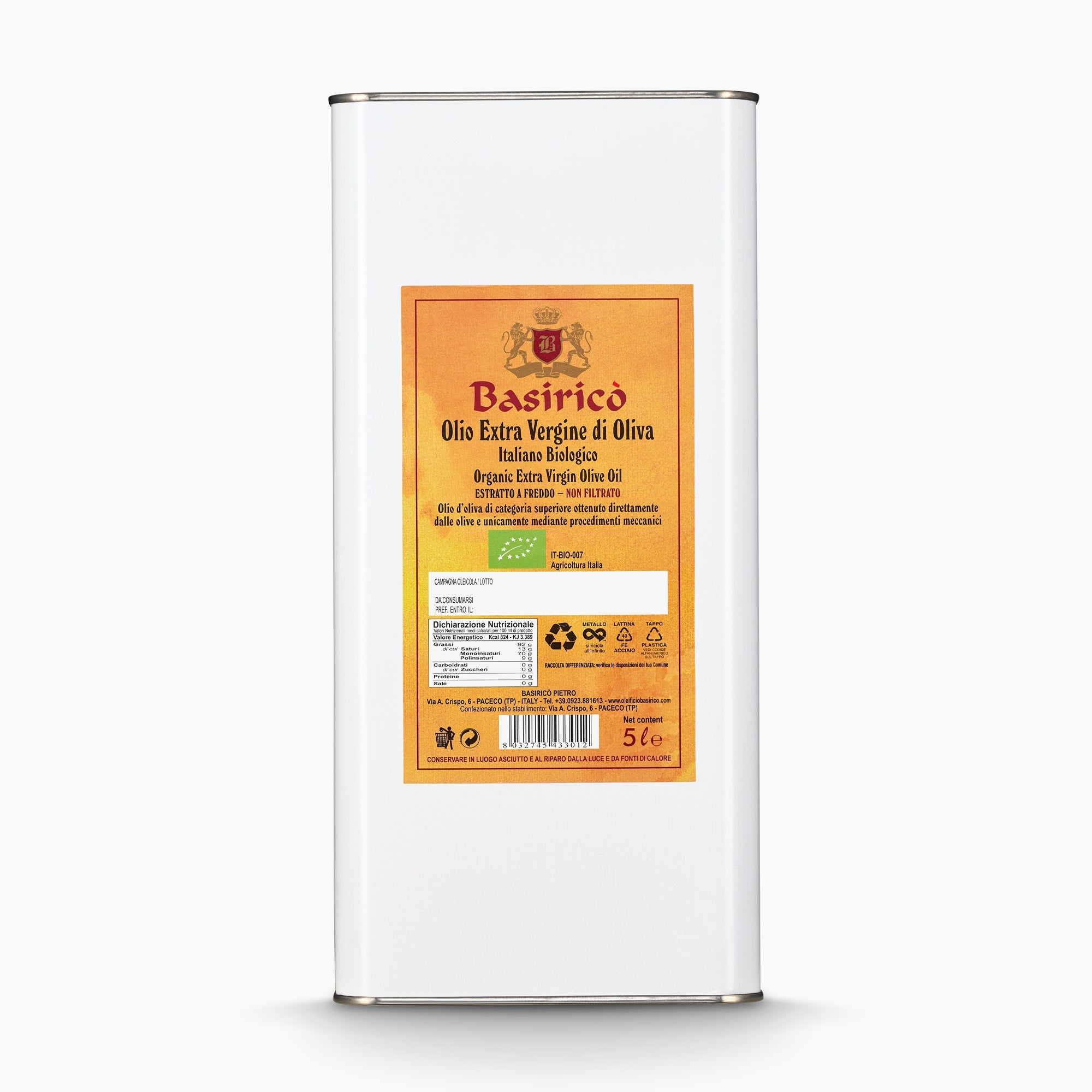 A 5L Tin of Basirico Organic Unfiltered extra virgin olive oil from Sicily, Italy.