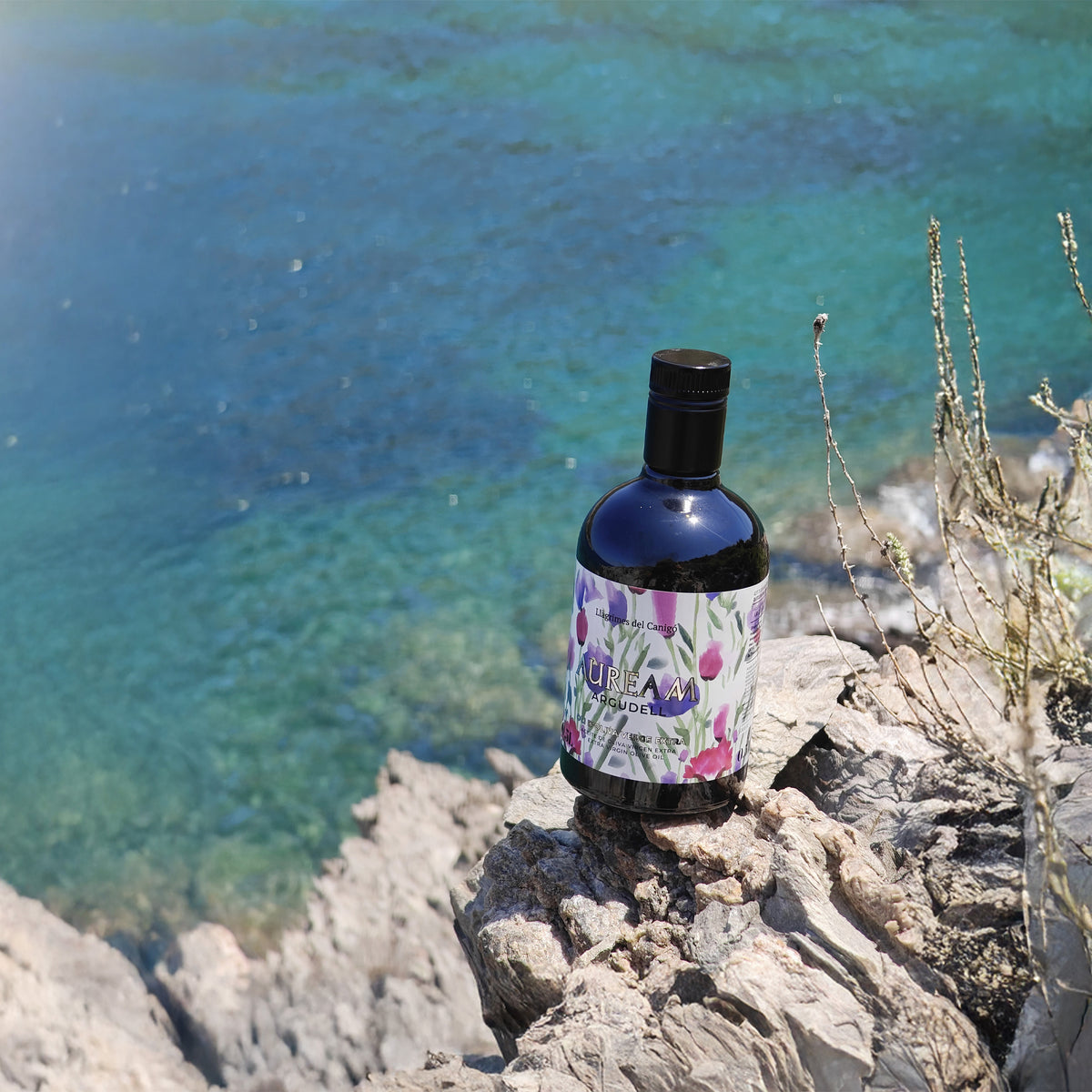 Llàgrimes del Canigó Auream Argudell 500 ml bottle overlooking turquoise Mediterranean water.