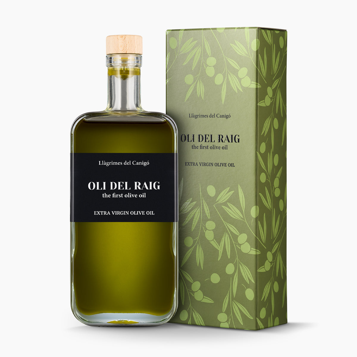 500 ml bottle of Llàgrimes del Canigó Oli del Raig Novello and its elegant gift box.
