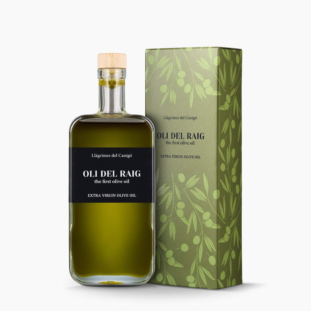500 ml bottle of Llàgrimes del Canigó Oli del Raig Novello and its elegant gift box.