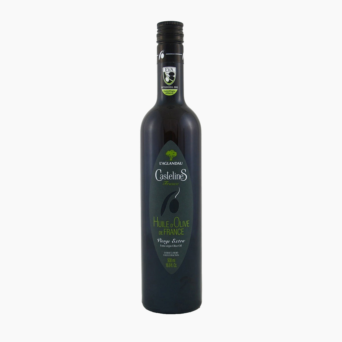 500 ml bottle of Castelines L'Aglandau extra virgin olive oil from France.