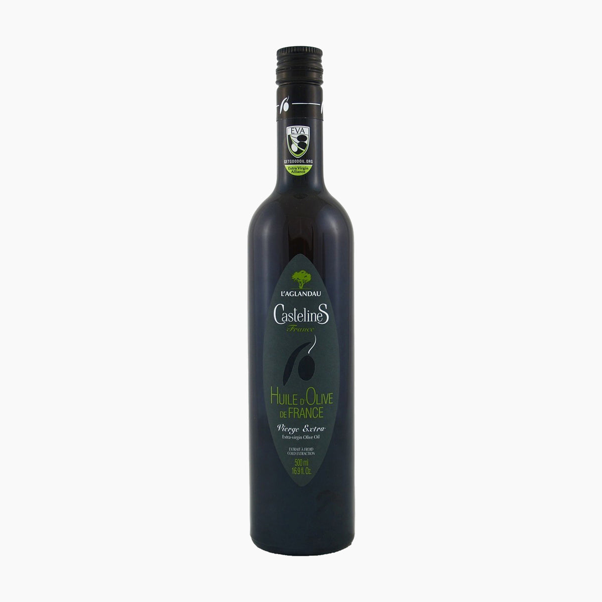 500 ml bottle of Castelines L'Aglandau extra virgin olive oil from France.