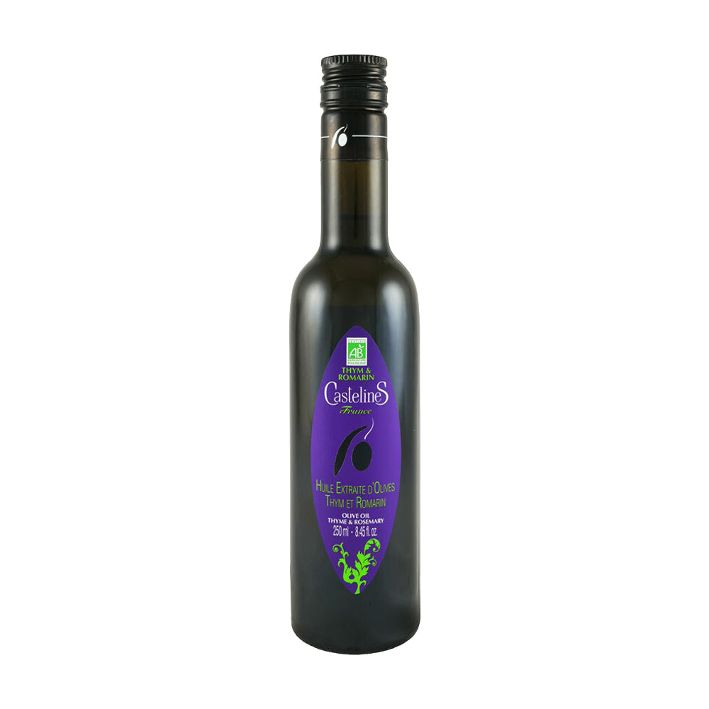 250 ml bottle of Castelines Thyme & Rosemary Olive Oil from France.