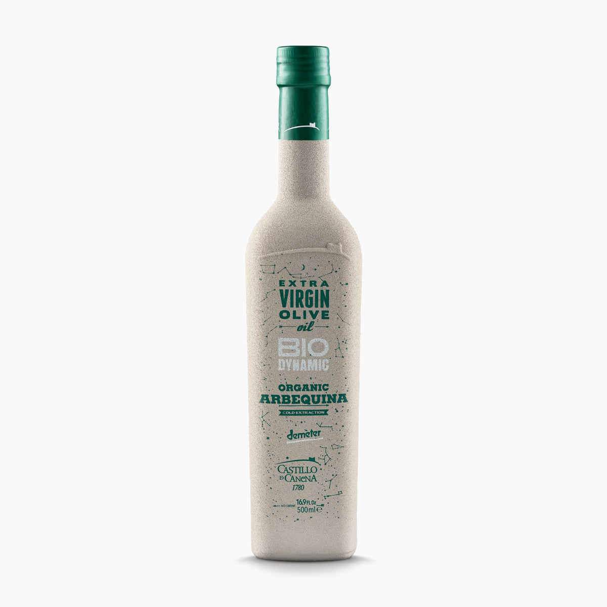 500 ml bottle of Castillo de Canena Biodynamic Arbequina extra virgin olive oil.
