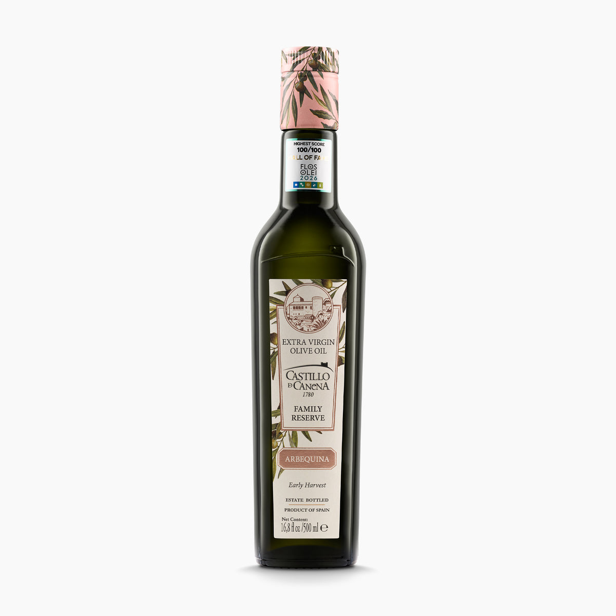Castillo de Canena Family Reserve Arbequina 500 ml extra virgin olive oil bottle from Andalusia, Spain.