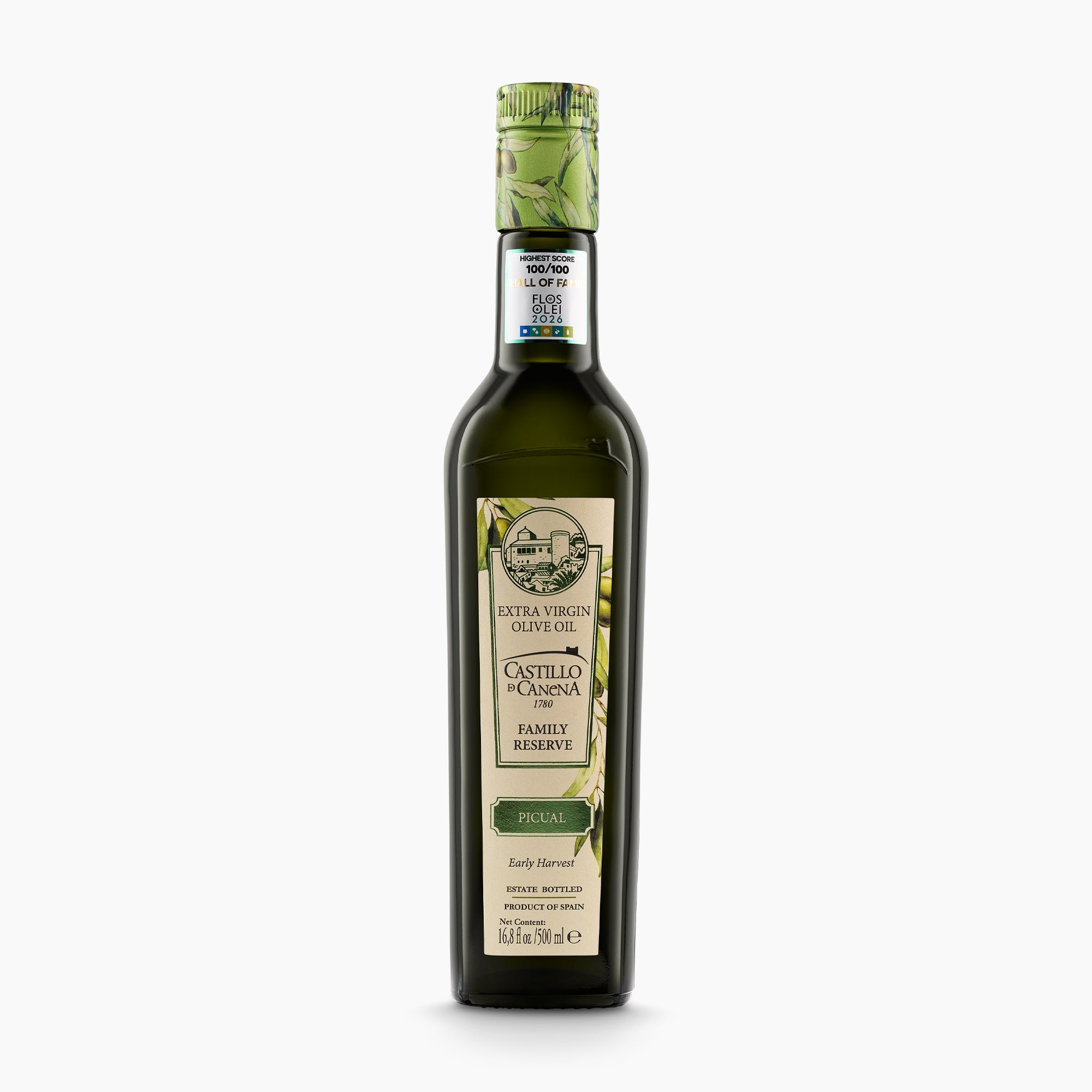 A 500 ml bottle of Castillo de Canena Family Reserve Picual extra virgin olive oil from Andalusia, Spain.
