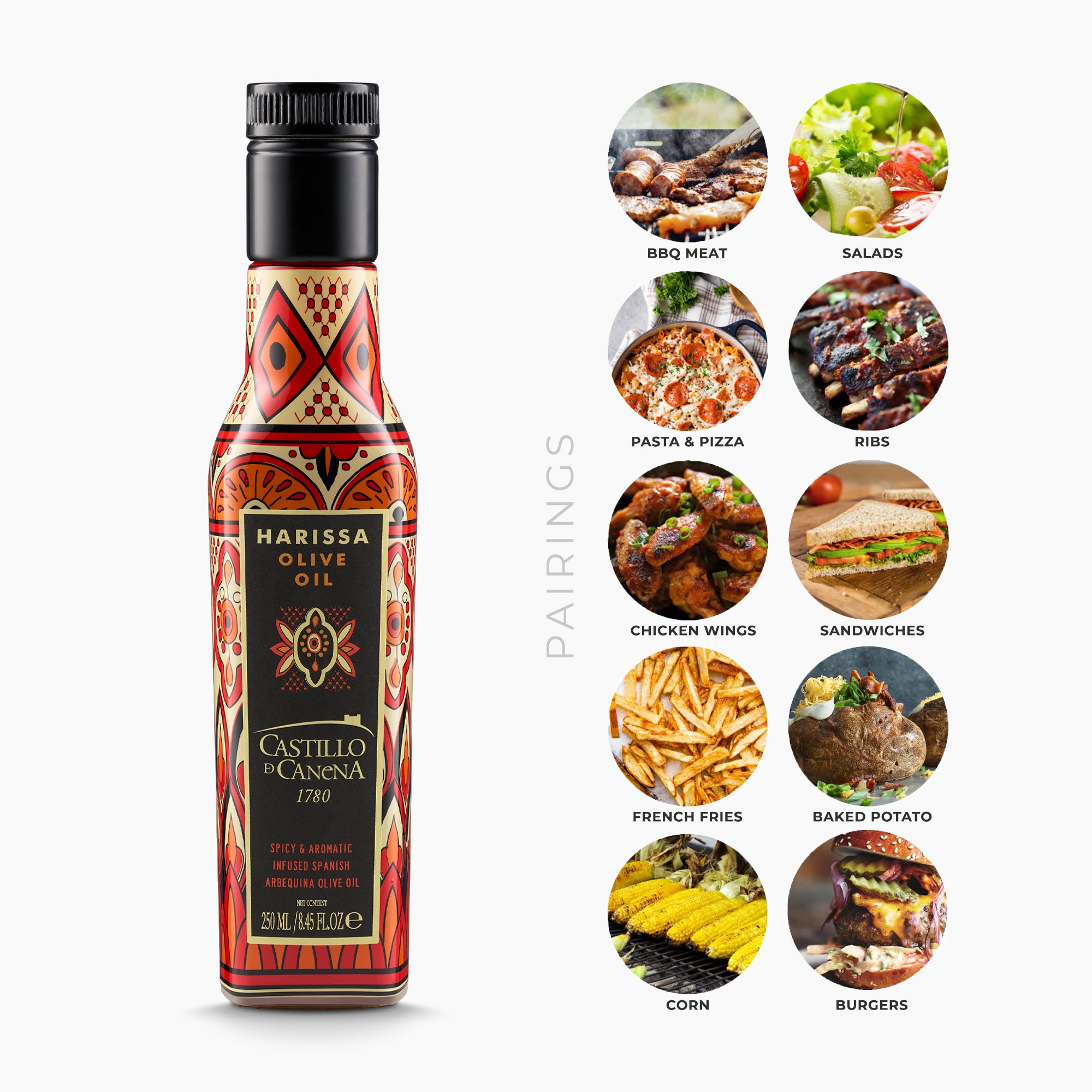 Infographic with Castillo de Canena Harissa Arbequina suggested pairings.