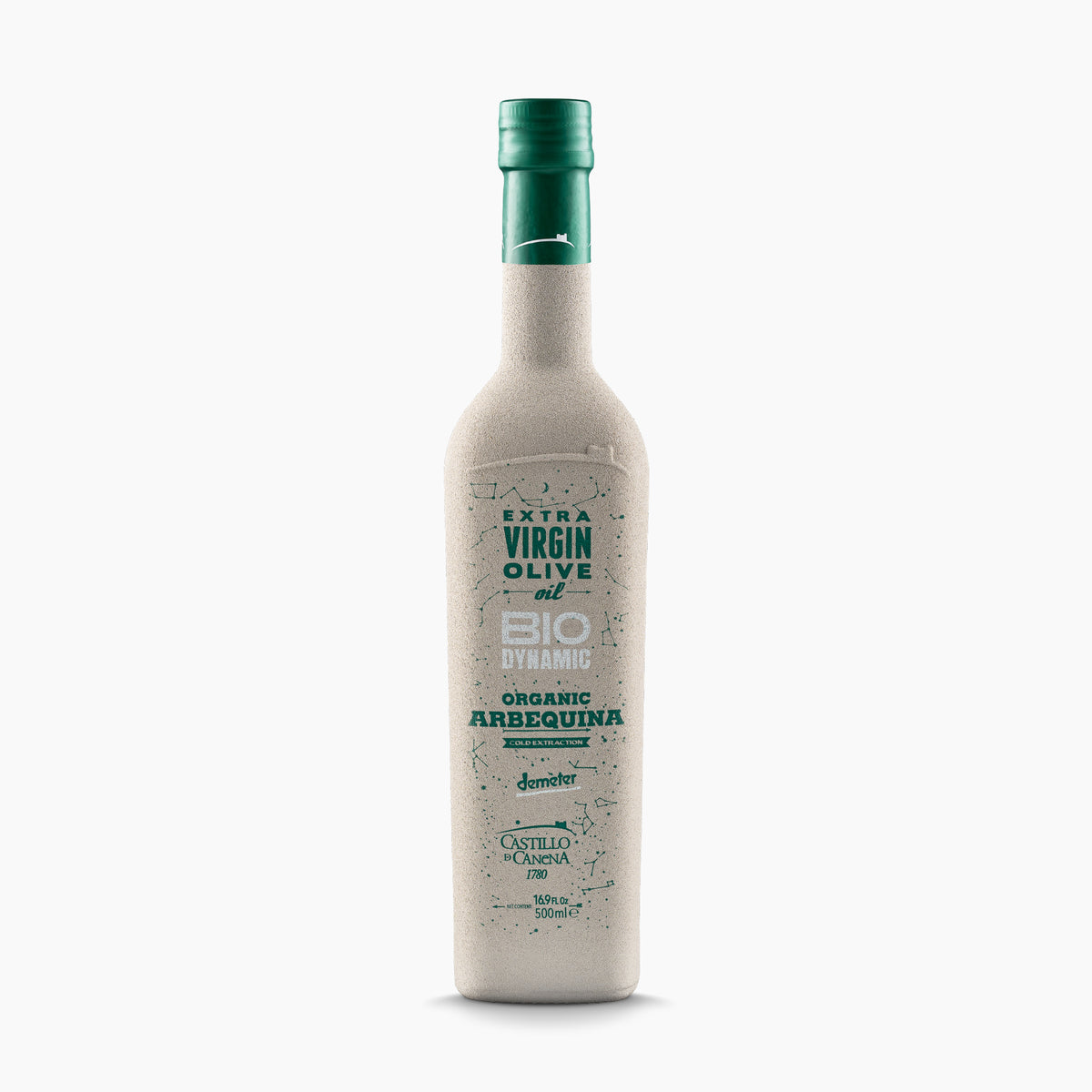 500 ml bottle of Castillo de Canena Biodynamic Arbequina extra virgin olive oil.