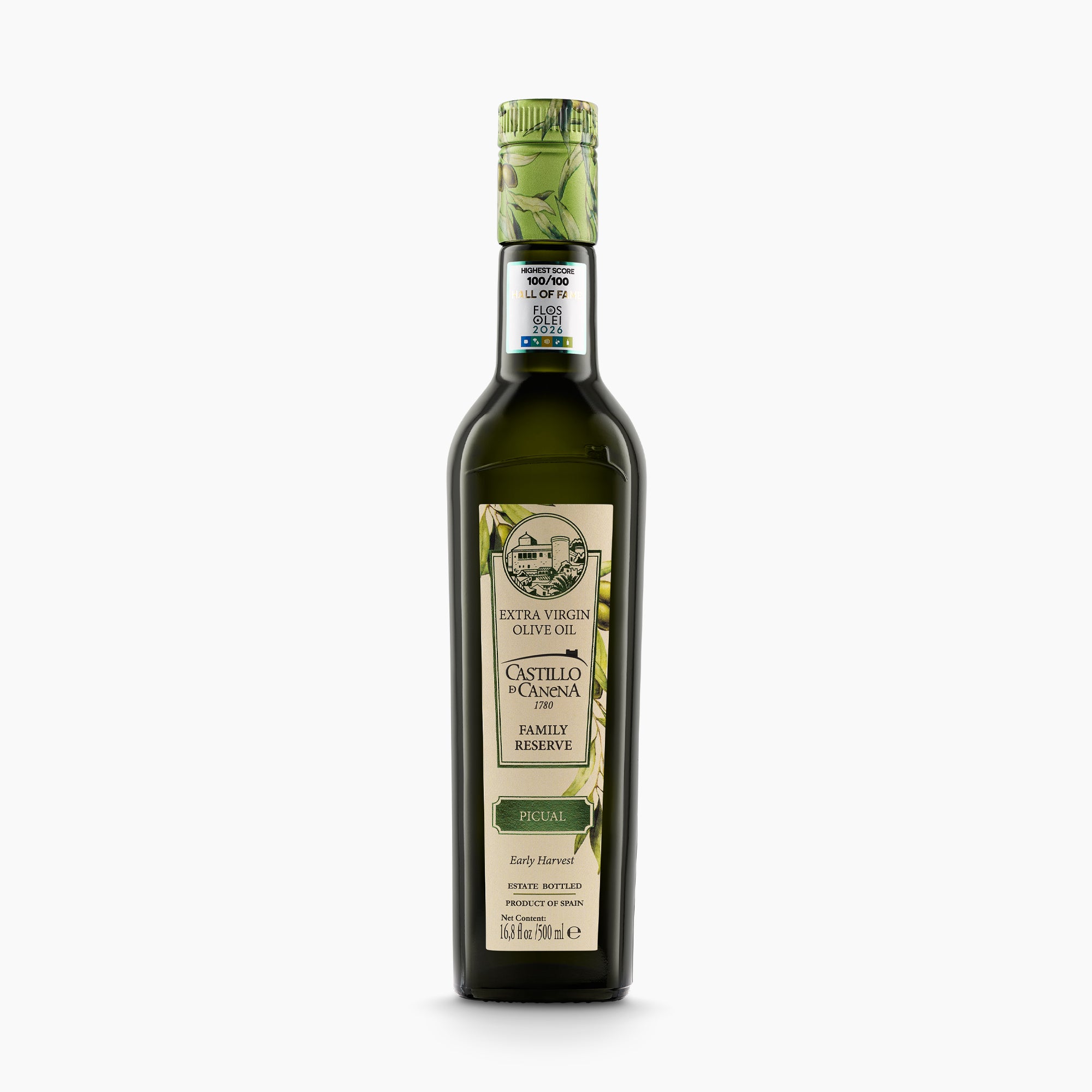 A 500 ml bottle of Castillo de Canena Family Reserve Picual extra virgin olive oil from Andalusia, Spain.