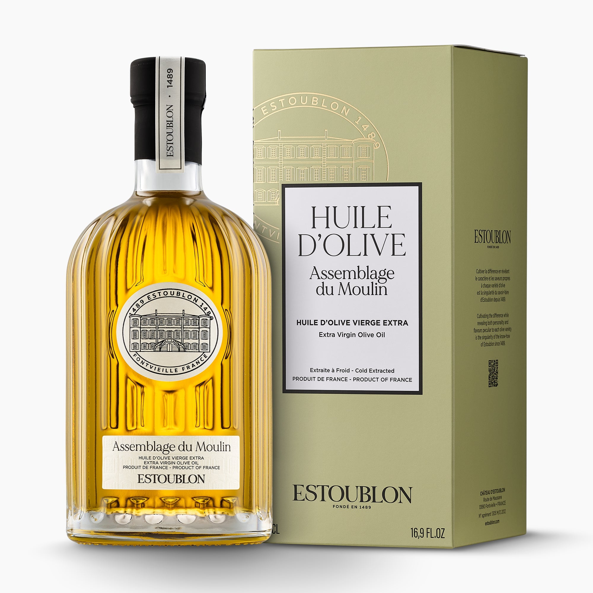 500 ml bottle of Estoublon Assemblage du Moulin extra virgin olive oil and its gift box.