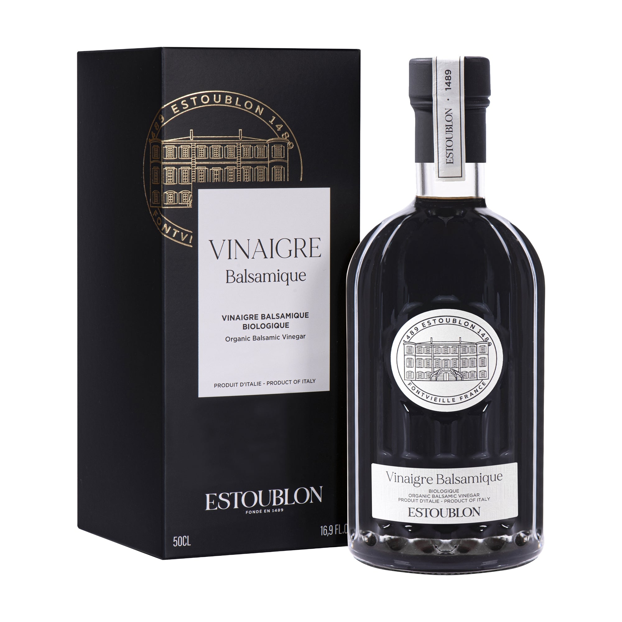 500 ml bottle of Estoublon Organic Balsamic Vinegar beside its gift box.