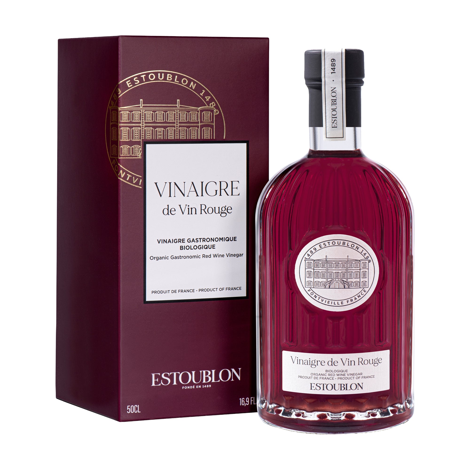 500 ml bottle of Estoublon Organic Red Wine Vinegar beside its gift box.
