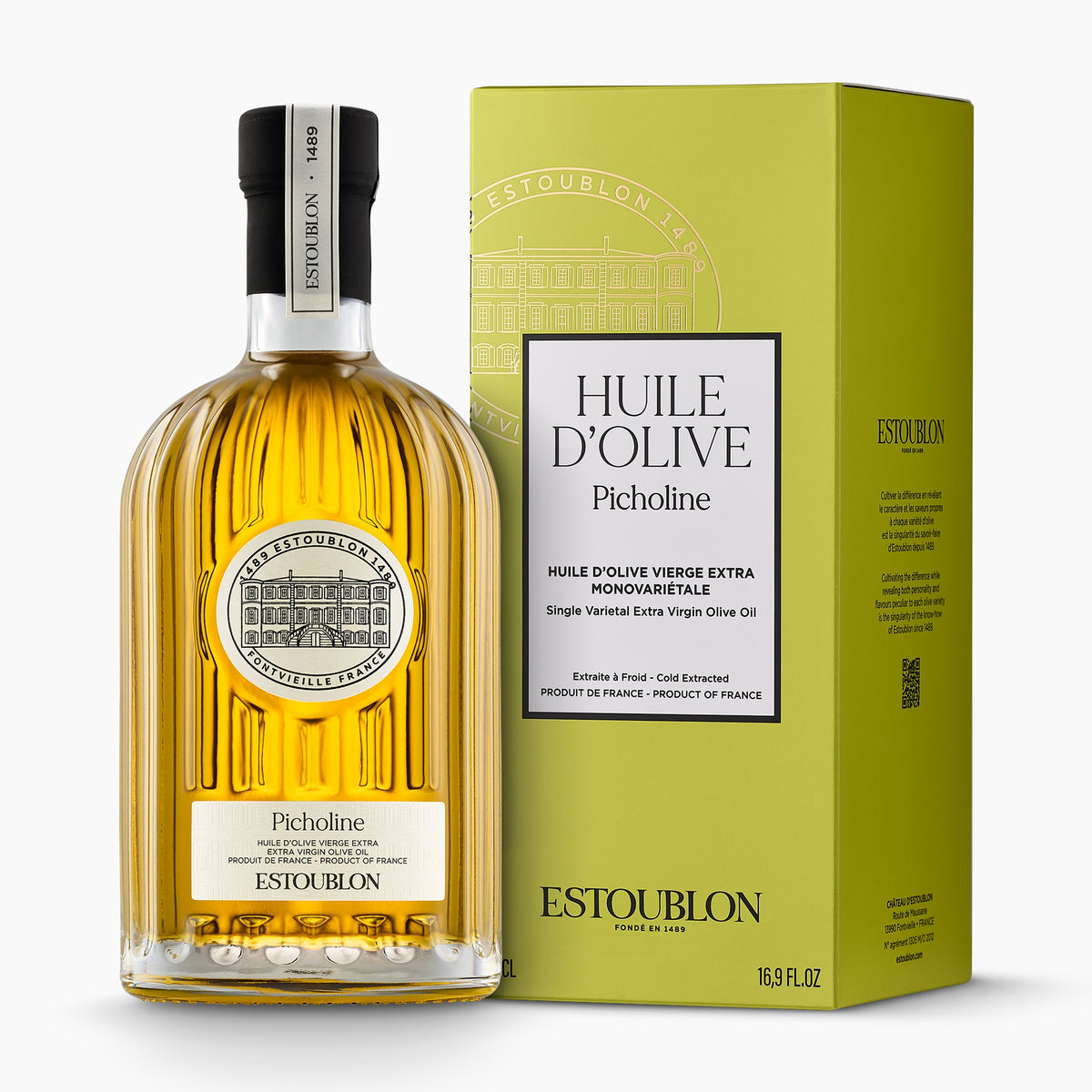 Estoublon Picholine 500 ml French extra virgin olive oil bottle beside its elegant gift box.