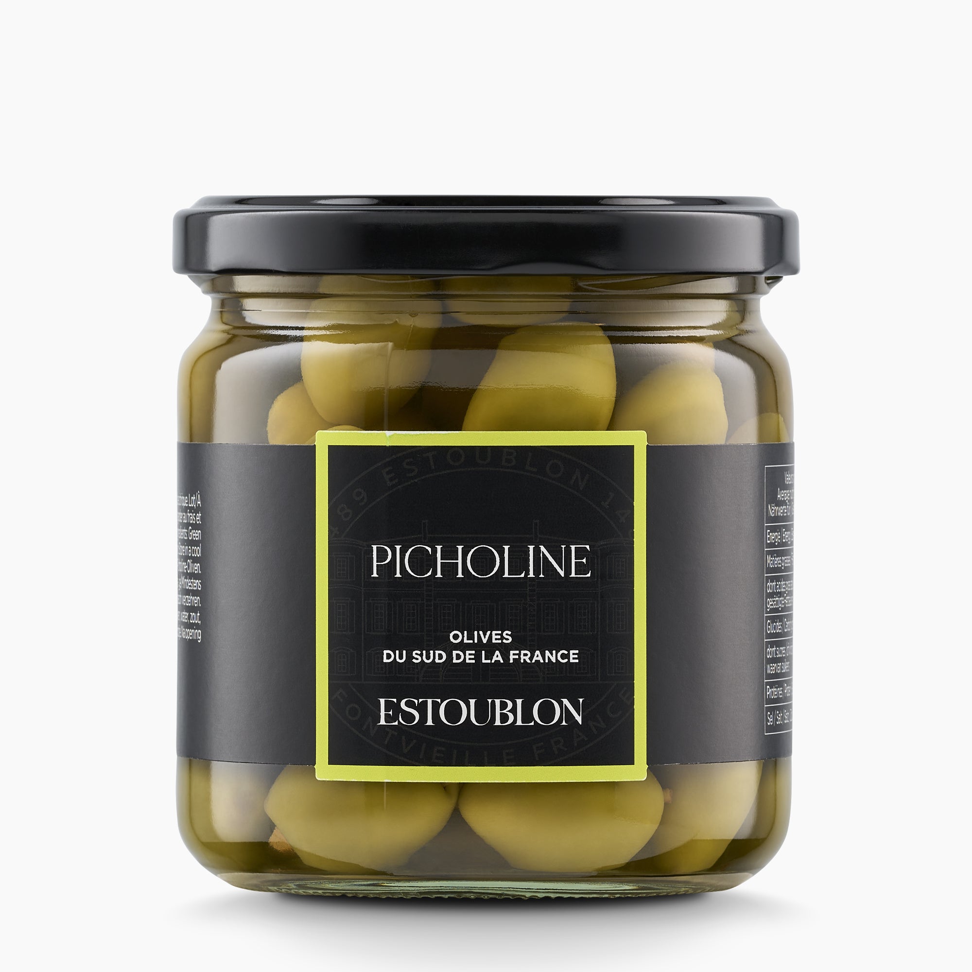Estoublon Picholine Olives from France in a 360g glass jar.