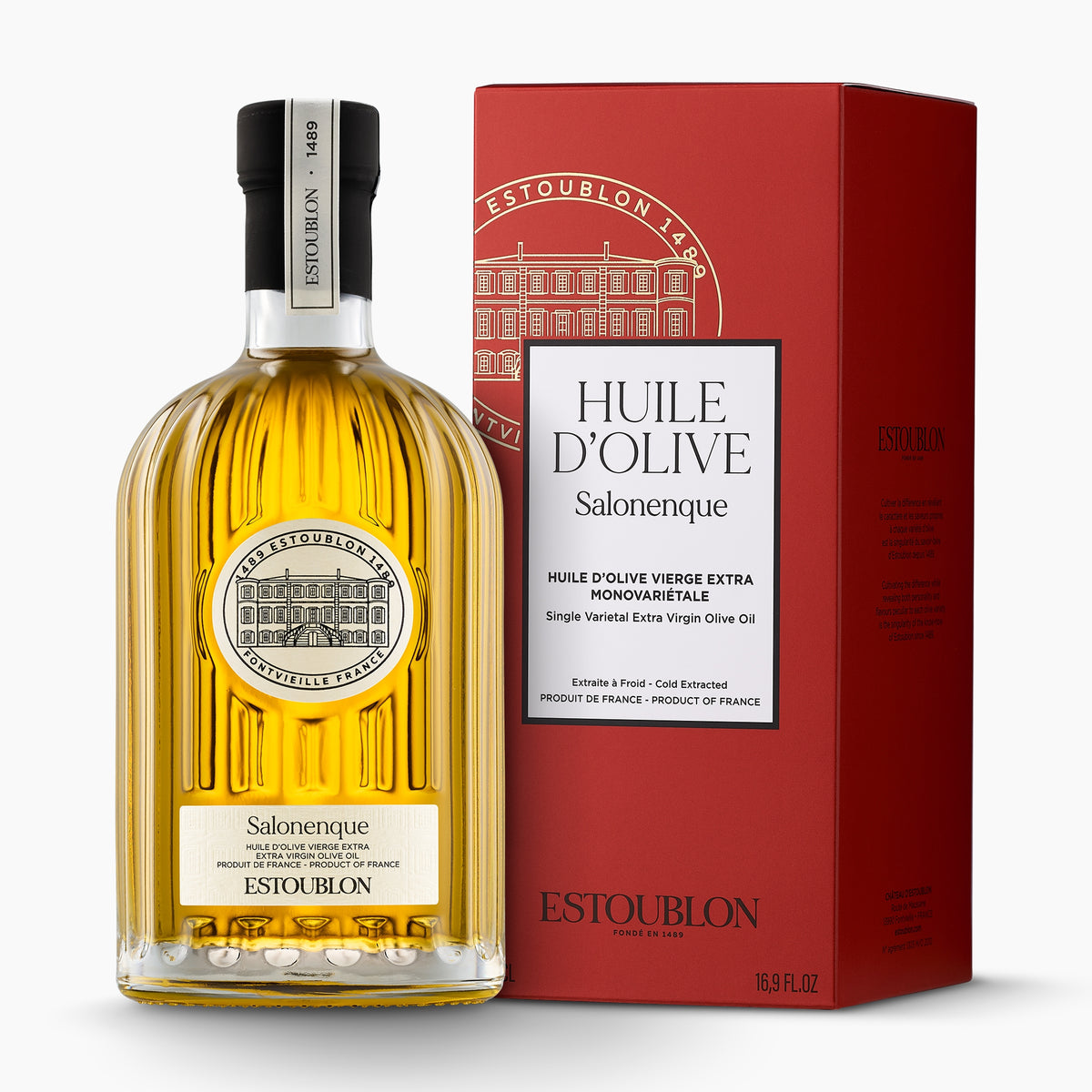 Estoublon Salonenque 500 ml olive oil  bottle beside its elegant gift box.
